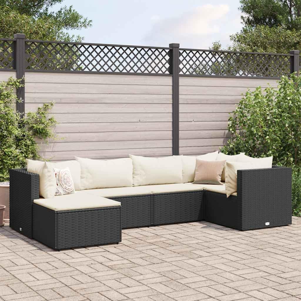 6 Piece Patio Lounge Set with Cushions Black Poly Rattan Garden Furniture
