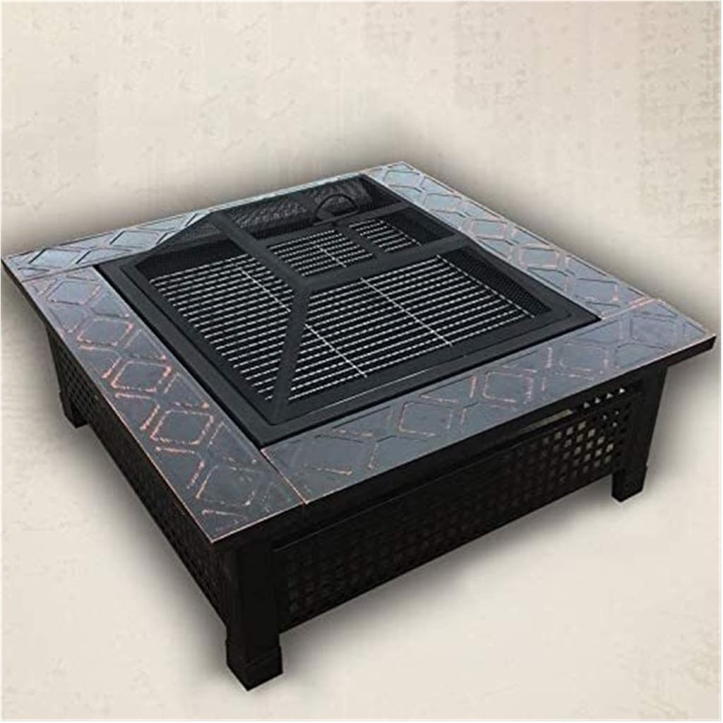 Fire Pits Outdoor Wood Burning Fire Pit Table, Multi-Purpose Square Fireplace, Backyard Patio Garden Outside Wood Burning Heater,BBQ, Ice Pit, with BBQ Frames with Cover BBQ Cooking for Outside Campin