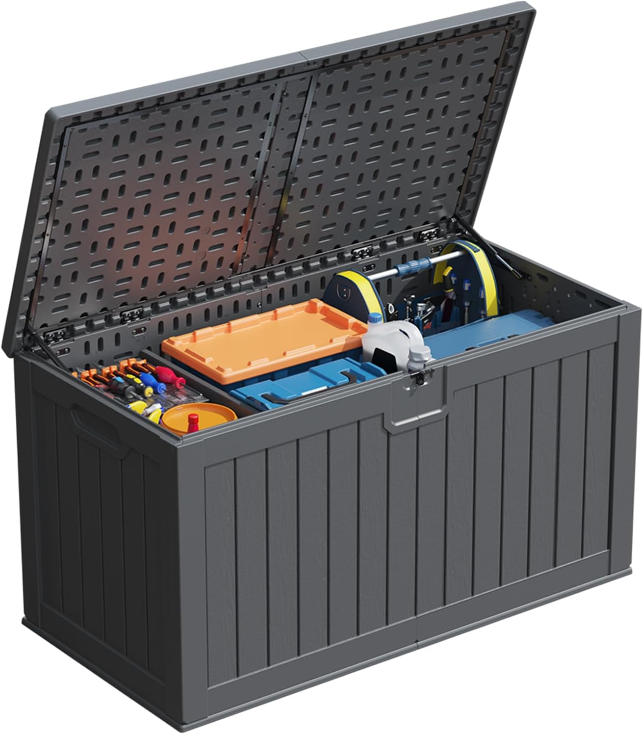 Patiowell 230 Gallon Large Outdoor Storage Box, Waterproof Deck Box with Fixed Divider, Lockable and Durable Patio Storage Solution for Patio Furniture and Garden Tools, Black