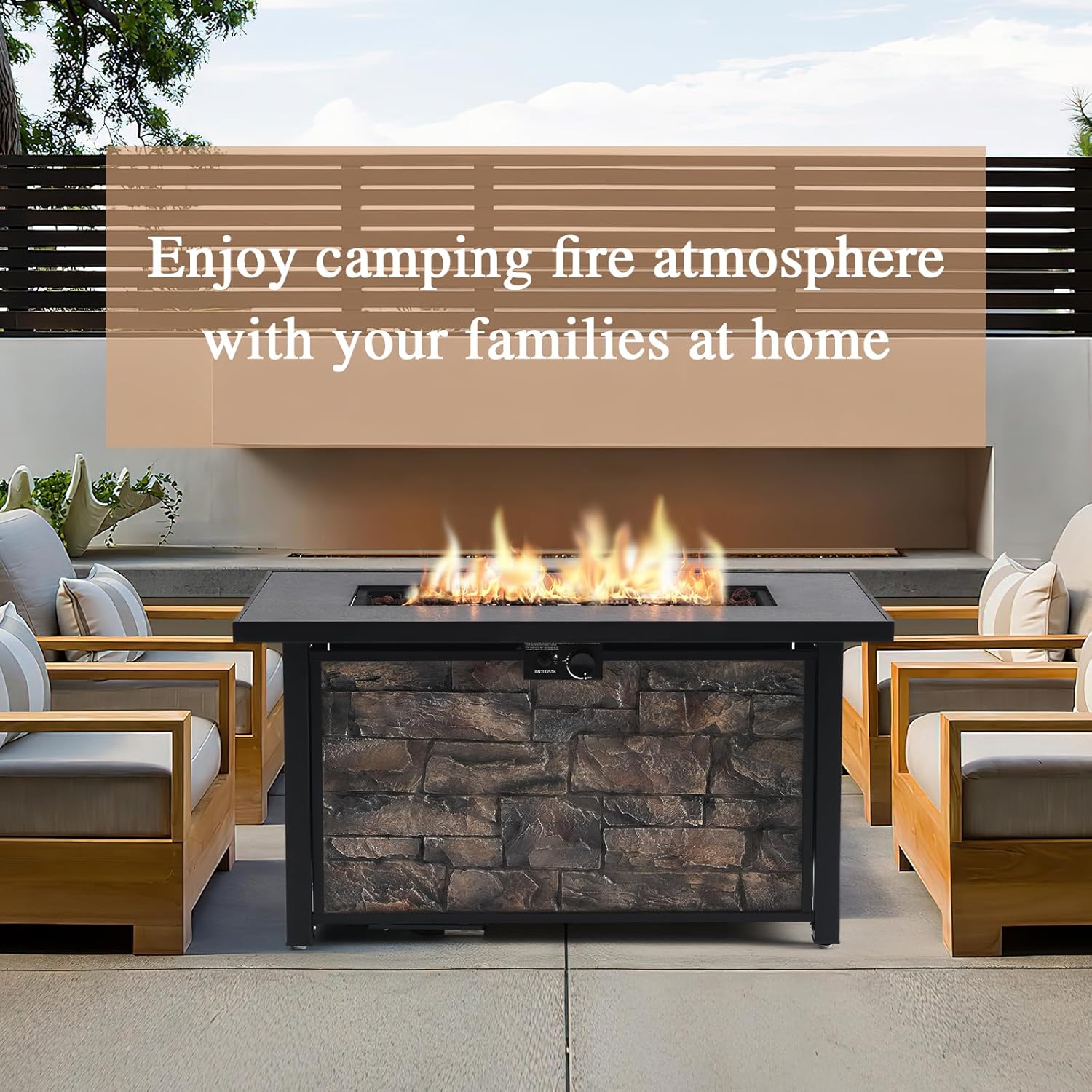 48'' Rectangular Outdoor Propane Fire Pit Table, 50000 BTU Patio Heater with Stone-Look Panel, Ceramic Tabletop & Aluminum-Coated Steel Tube Legs, Lava Rocks, Metal Lid and Rain Cover