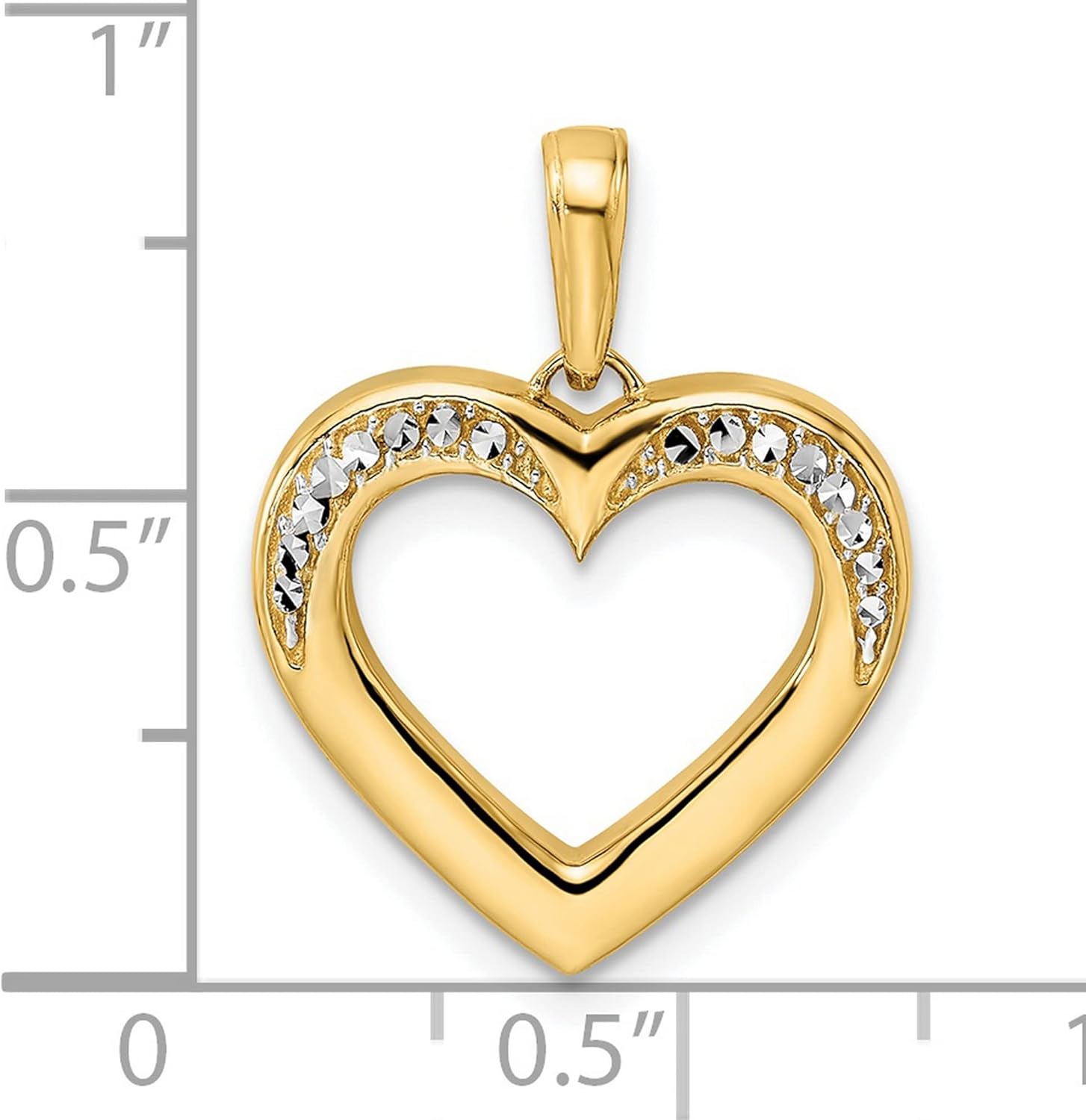 14k Yellow and Rhodium Open Heart Pendant for Women with Polished Finish, Diamond Cut Rhodium Accents, Elegant Gold Heart Charm Necklace for Daily Wear, Symbolic Romantic Jewelry Accessory