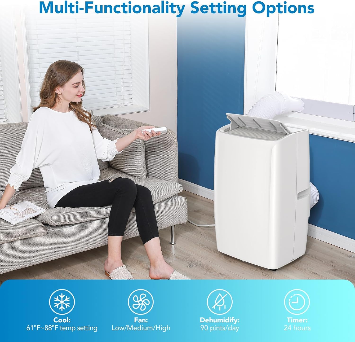 14,000 BTU 3-in-1 Portable Air Conditioner with Window Kit, Cools up to 750 Sq.Ft, 75-Pint Dehumidifier, 51db Ultra Quiet, 4-Way Airflow Remote Control, AC Unit For Living room, office, White 3034