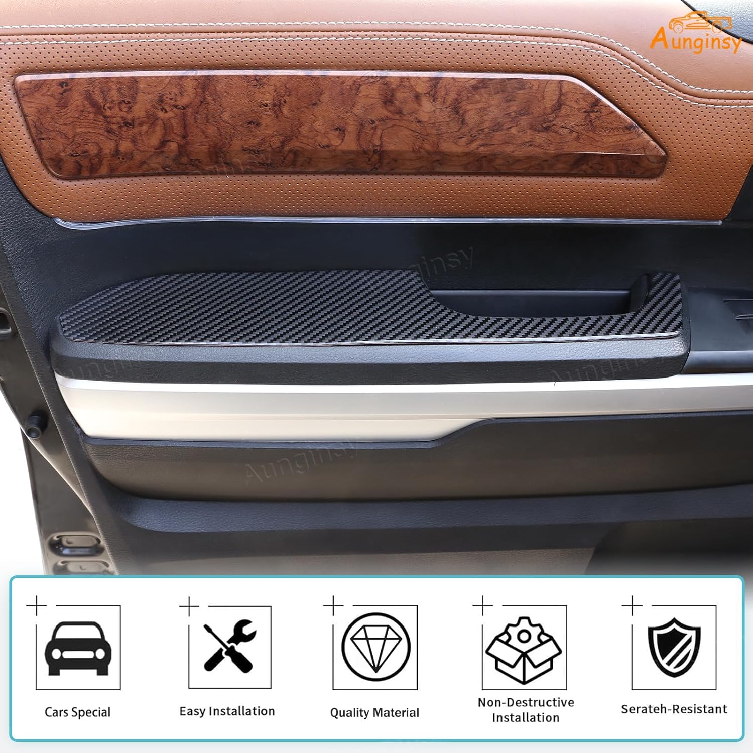 Aunginsy Inner Door Armrest Panel Trim Compatible with Toyota Tundra 2014-2021 Car Soft Carbon Fiber Front Rear Doors Handle Armrest Panel Decorative Sticker Protection Cover Interior Accessories