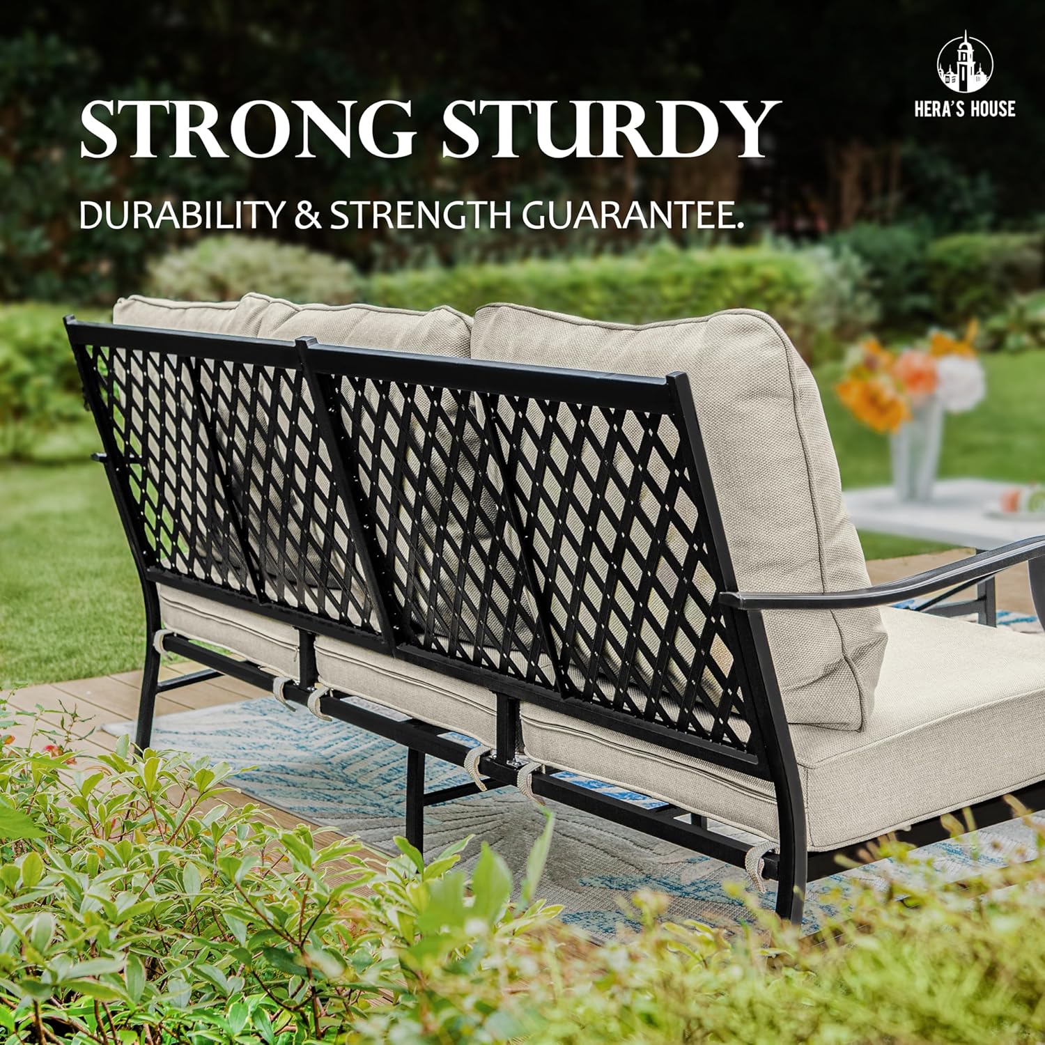 HERA'S HOUSE 4 Pieces Patio Furniture Set with Fire Pit Table, 2 x Rocking Chair, 3-Seat Sofa with 46