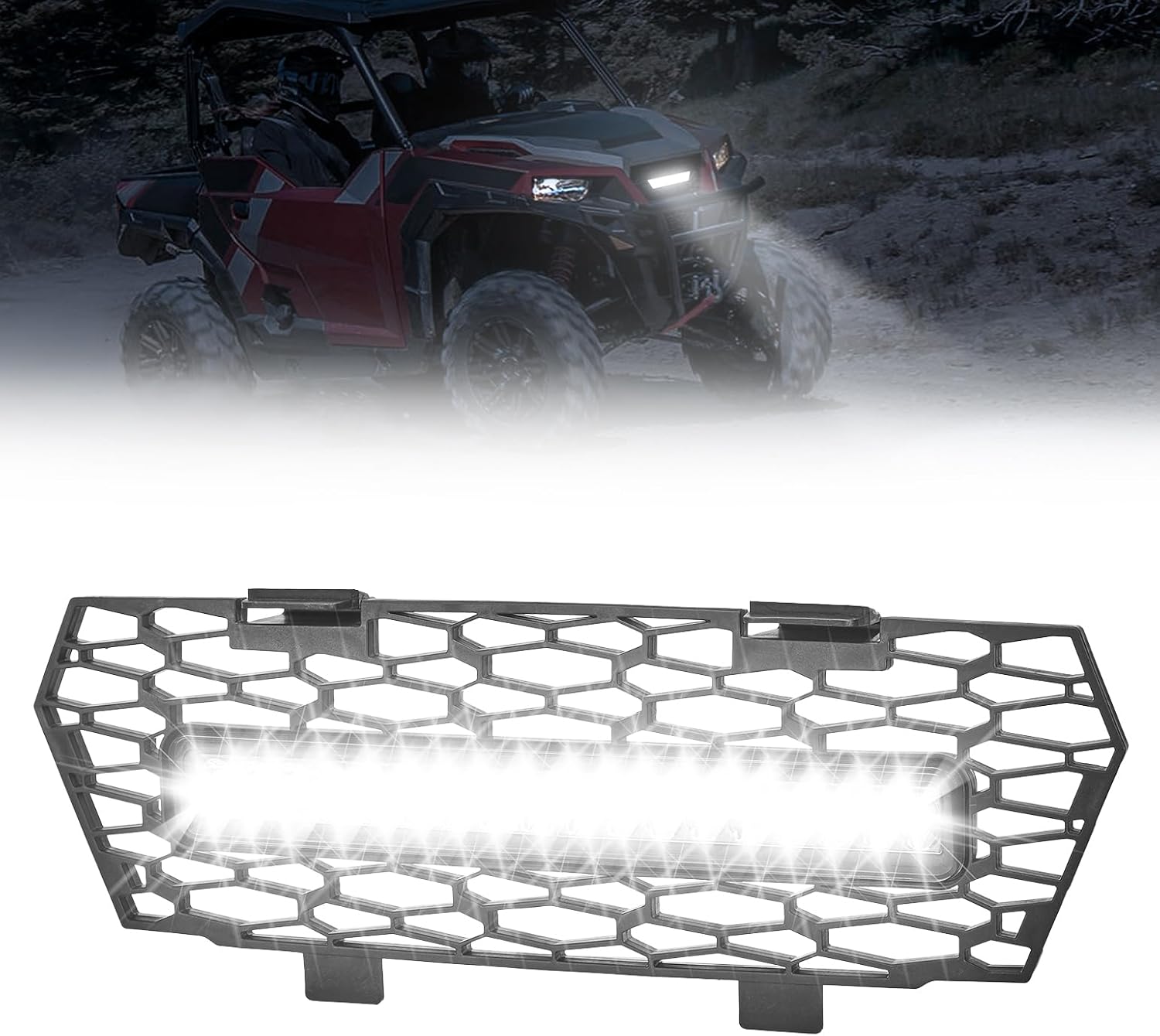 KEMIMOTO LED Grill Light Front Mesh Grille Compatible with Polaris General 1000/4 1000/ XP 1000/ XP4 1000 2016-2024 Grille Mesh with LED Light Bar Accessories