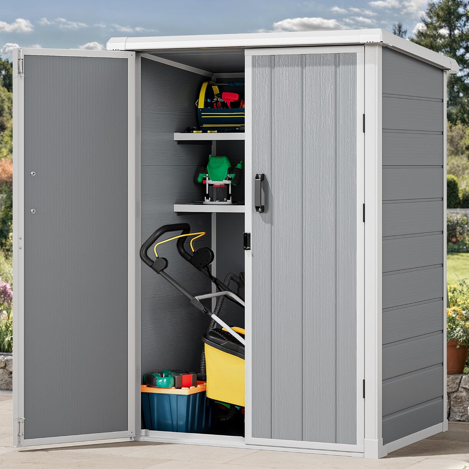 DWVO 60 Cuft Outdoor Tall Storage Shed with 2 Shelves, 4.2x2.5x5.6ft Vertical Tool Shed with Floor & Lockable Doors, Sturdy Double-Wall Plastic Cabinet for Garbage Cans and Garden Equipment (Gray)