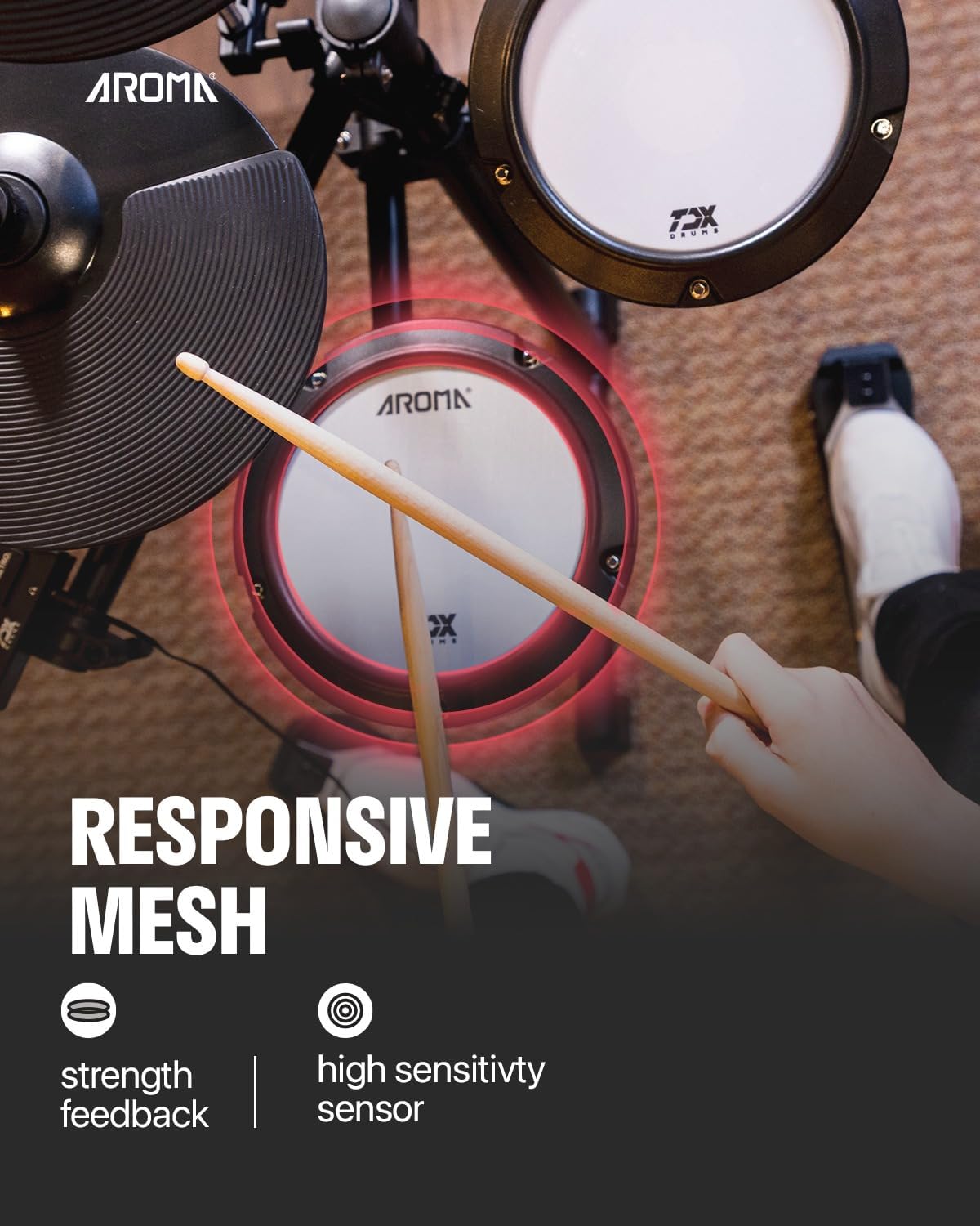 AROMA TDX-18 Electronic Drum Set with 4 Quiet Mesh Drum Pads, 2 Switch Pedal, Portable and Solid Drum Set with, Bluetooth, Drum Throne, Headphones and Sticks