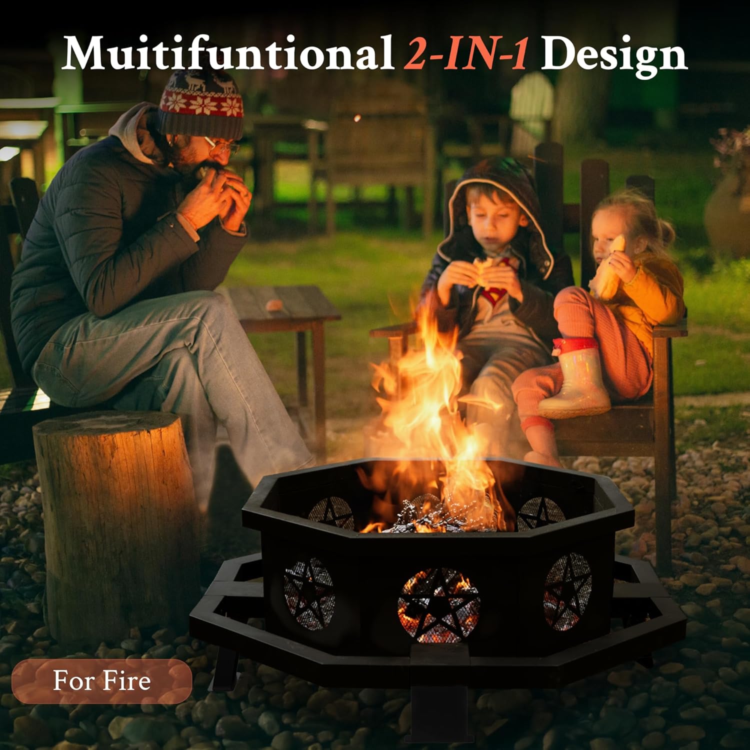 43 Inch Octagonal Fire Pit with Cooking Grill,Outdoor Wood Burning Fire Pit for Camping Outside Picnic Bonfire,Heavy Duty Firepit for Backyard Garden Patio
