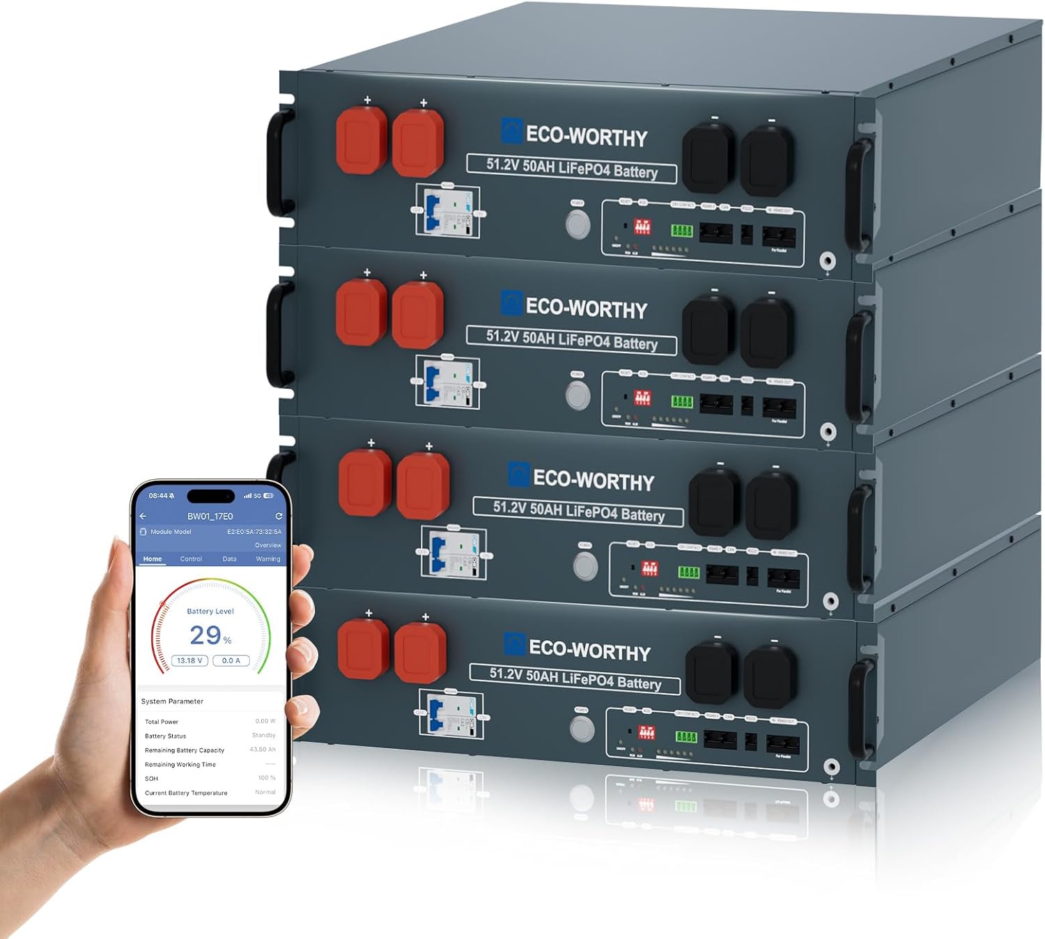 ECO-WORTHY 48V 200Ah (4 Pack 48V 50AH) LiFePO4 Server Rack Battery, 3U Rack-Mount Lithium Battery with Bluetooth & WiFi, Smart BMS and Metal Case, 10.24kWh, for Solar, Off-Grid Living, Backup Power