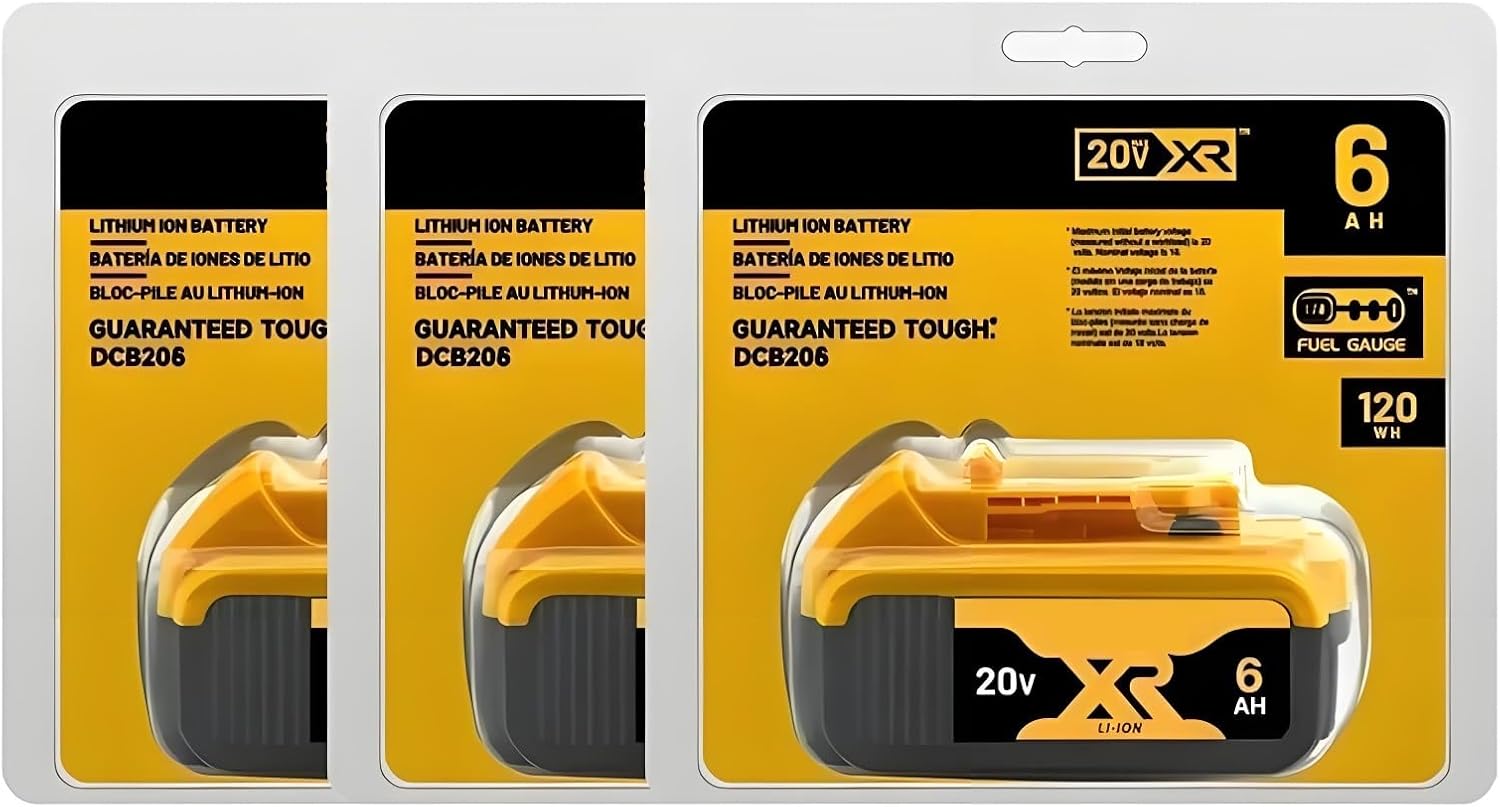 20V 6Ah 18650 Lithium Ion Battery Pack Compatible With DeWalt DCB184 DCB200 For Power Tools Drill Impact Wrench Outdoor Use 180Wh 10C BMS LED Indicator(3PCS 6.0Ah with Charger)