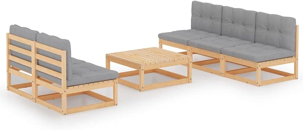 6 Piece Patio Lounge Set with Cushions Solid Wood Pine,Sturdy Outdoor Patio Conversation Set with Gray Cushions for Comfort and Style Patio Furniture Sets, Outdoor Furniture Sets