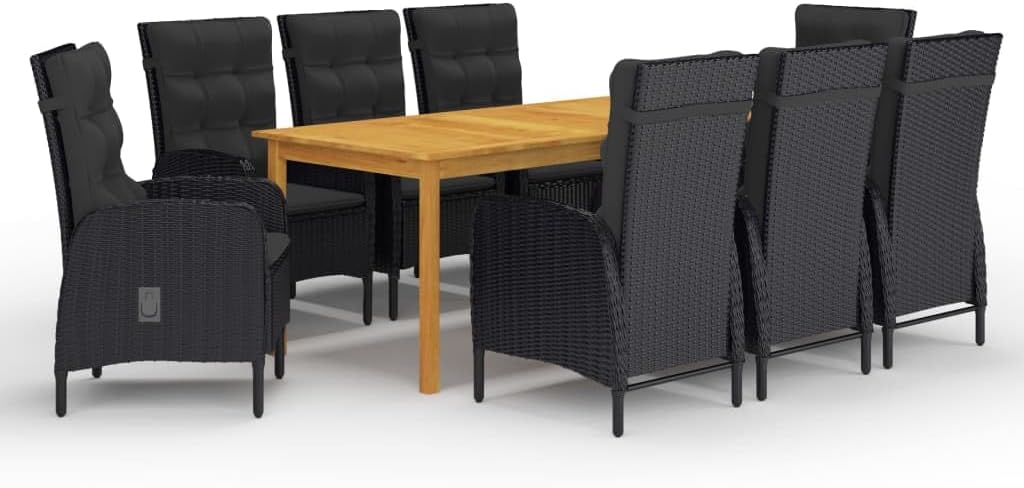 9 Piece Patio Dining Set Black,Acacia Wood Patio Dining Set with Comfortable Cushioned Chairs and WeatherResistant PE Rattan Furniture Sets for Patio, Lawn & Garden