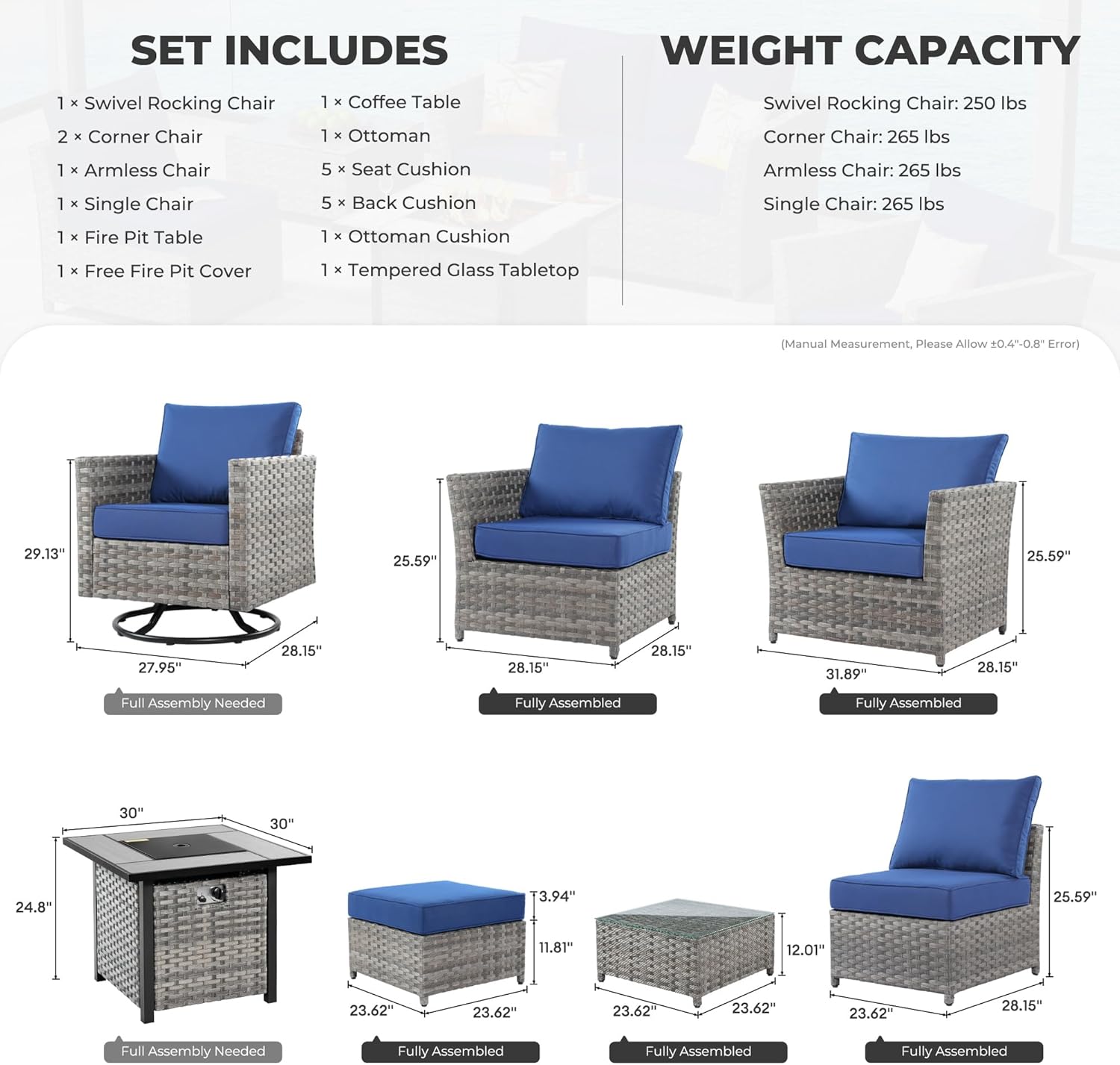 8 Pieces Patio Furniture Conversation Set with 30