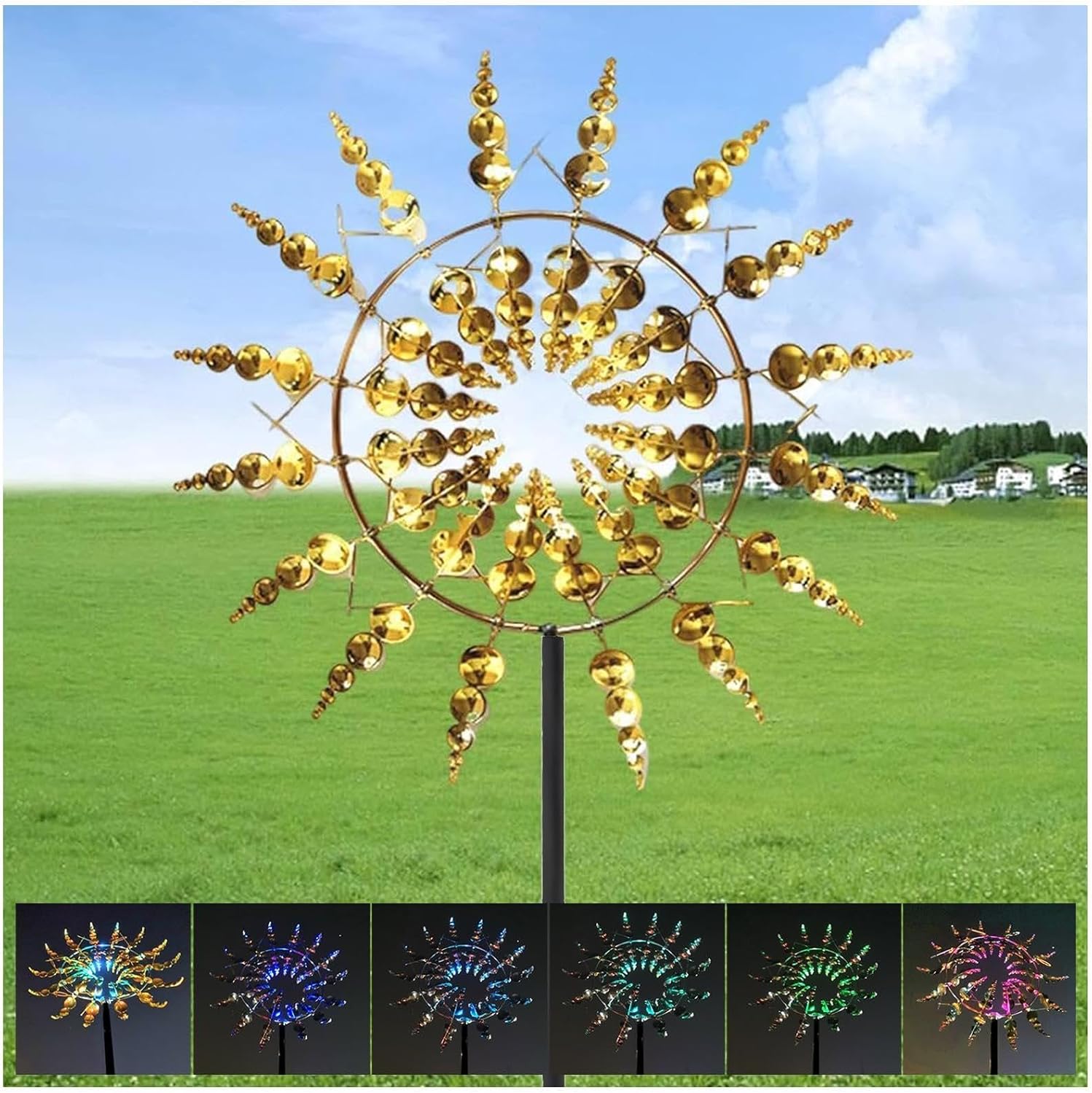 Solar Magical Windmill, Windmill 3D Wind Powered, 13.4 x 71in Yard Windmills,Gold