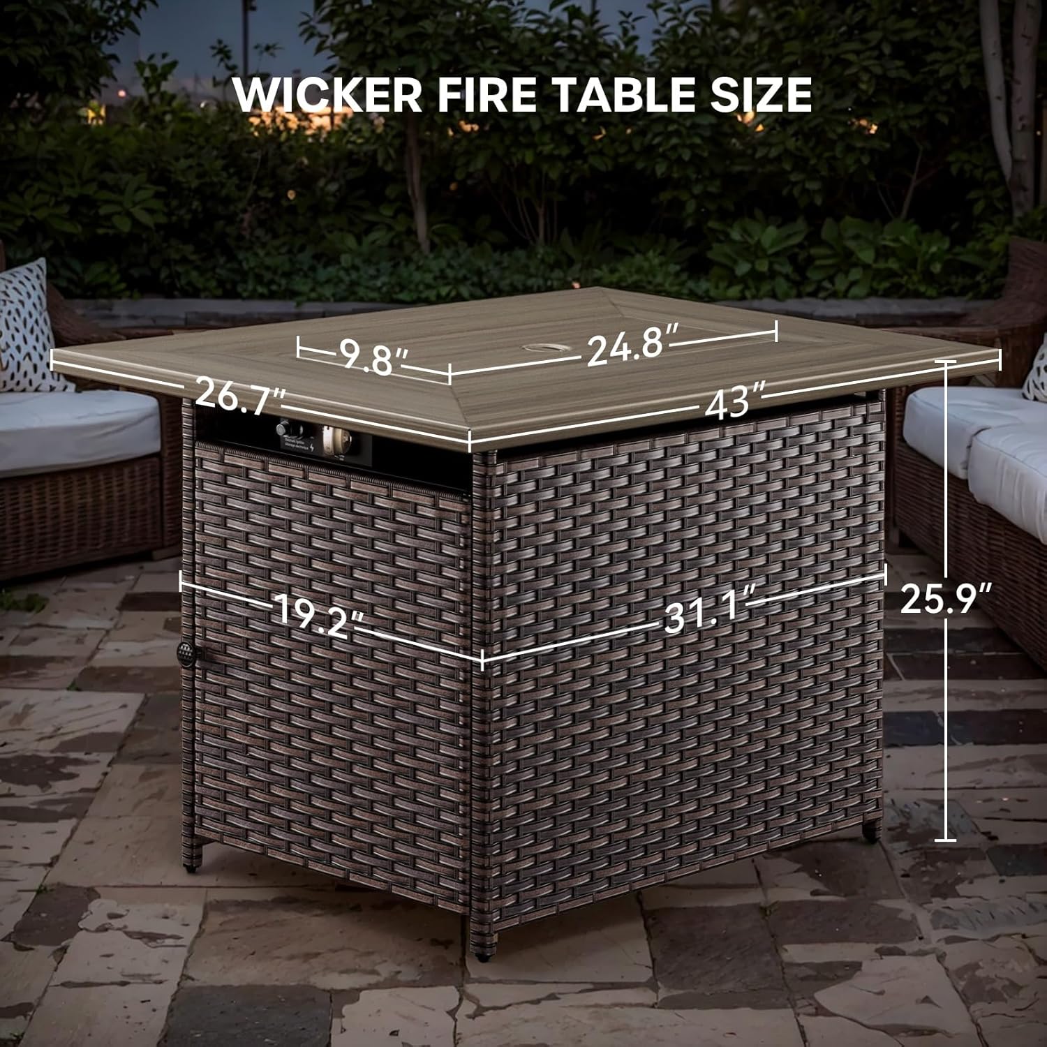 Outdoor Fire Table 41in Rectangle Propane Fire Pit Table, 50000 BTU Gas Fire Pit Table with Lava Rocks Brown Wicker 2-in-1 Firepit Table for Patio Garden Balcony