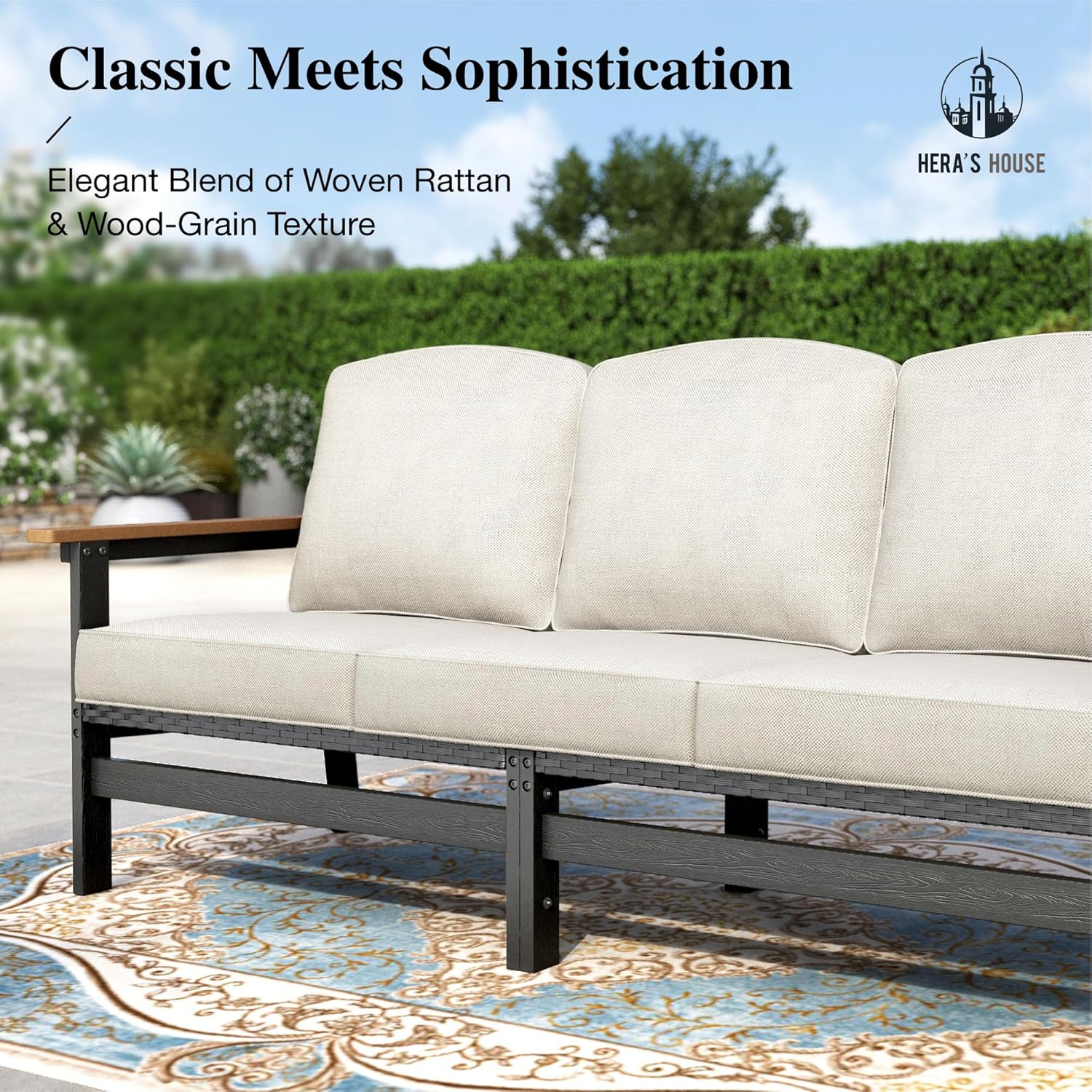 HERA'S HOUSE HDPE Patio Furniture Set, 4-Piece Outdoor Wicker Conversation Couch Set with 57