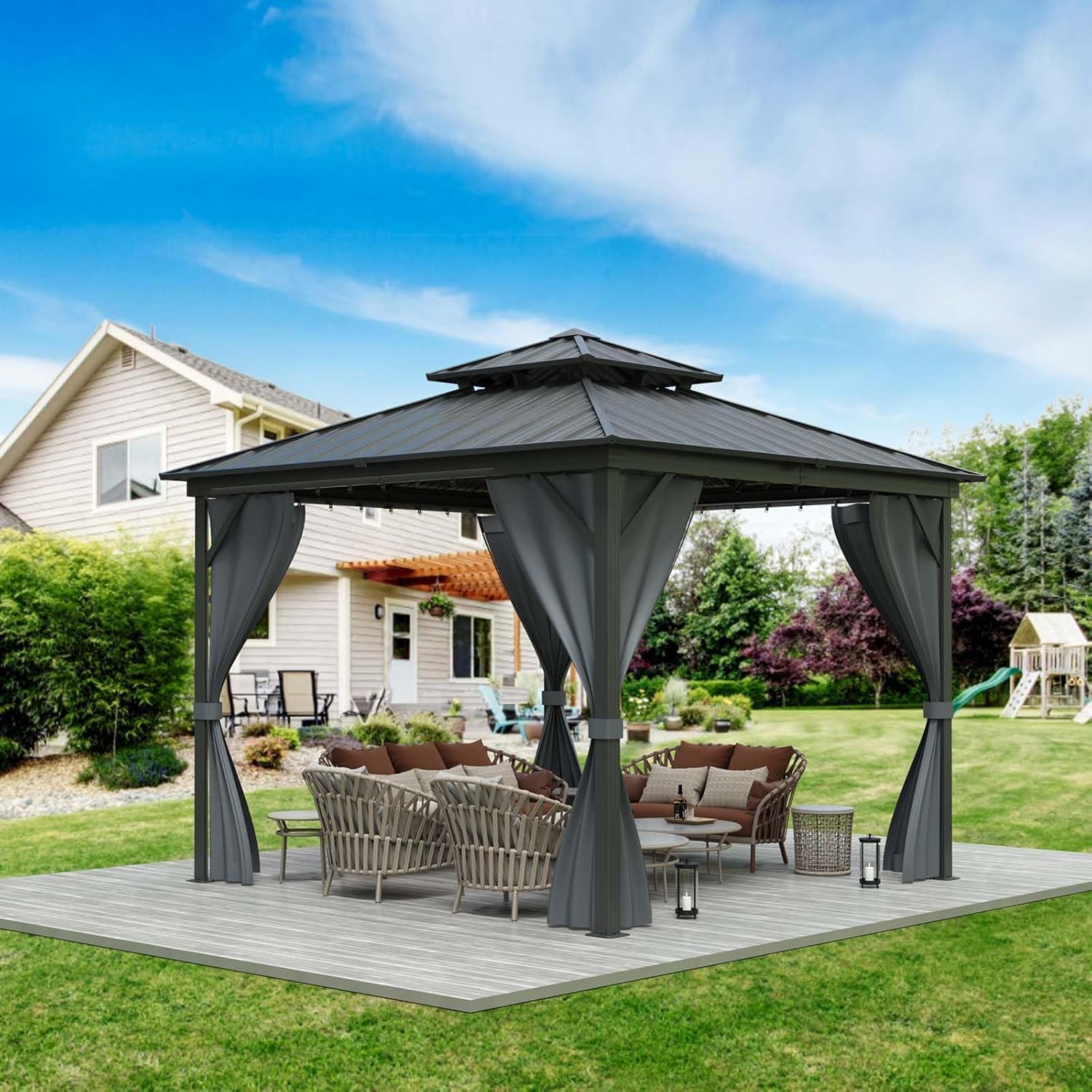 12x12ft Gazebo Hardtop with Nettings and Curtains, Galvanized Steel Double Roof with Vertical Stripes, Heavy Duty Metal Frame, Weather-Resistant Outdoor Shelter for Patio, Deck, Lawn