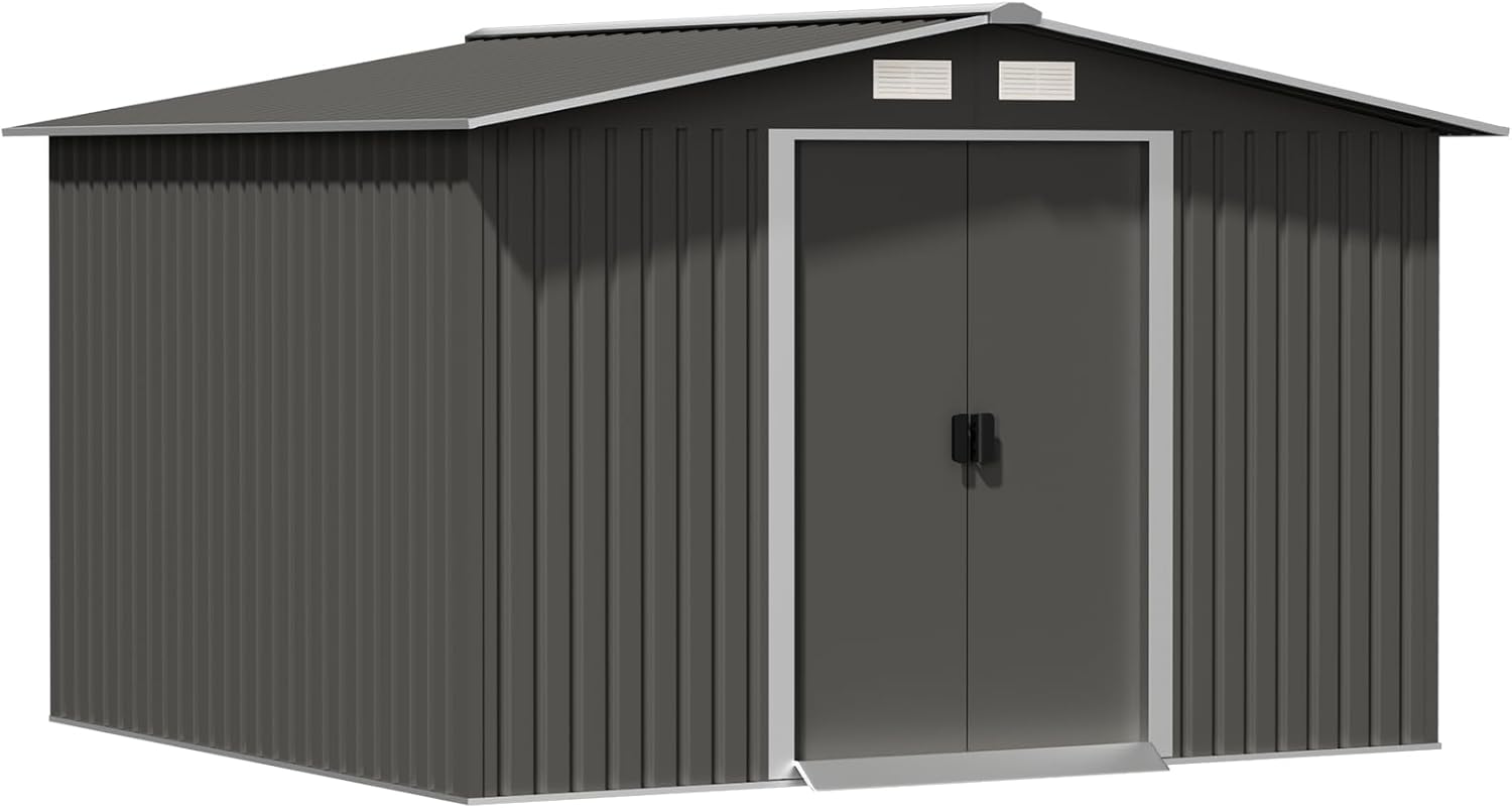 8' x 10' Outdoor Storage Shed, Metal Shed with Double Sliding Door and Sloping Roof, Garden Tool Shed for Backyard Patio Lawn to Store Utility and Tools, Grey