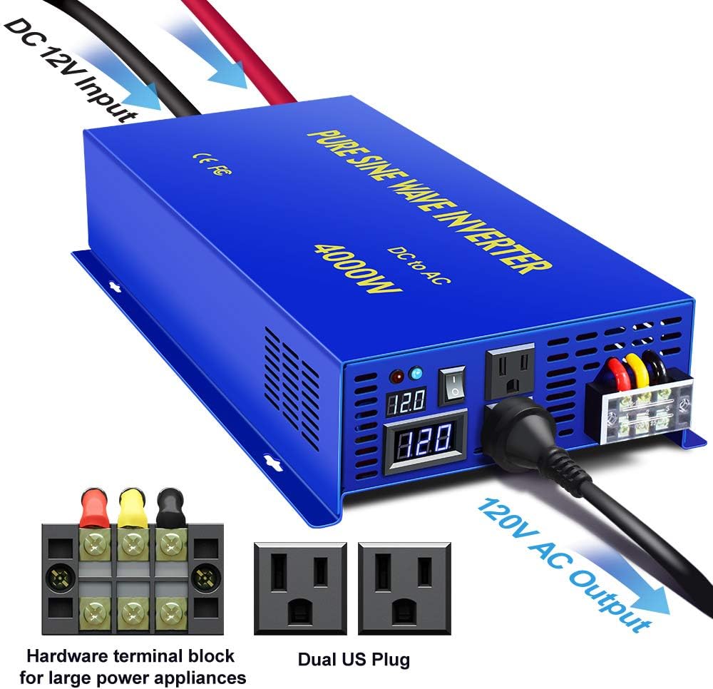 4000 Watt Pure Sine Wave Inverter 12V DC to 120V AC, 4000W Power Inverter Surge 8000W Power Converter for Solar System, RV, Car, Truck (4000W 12V 120V Blue