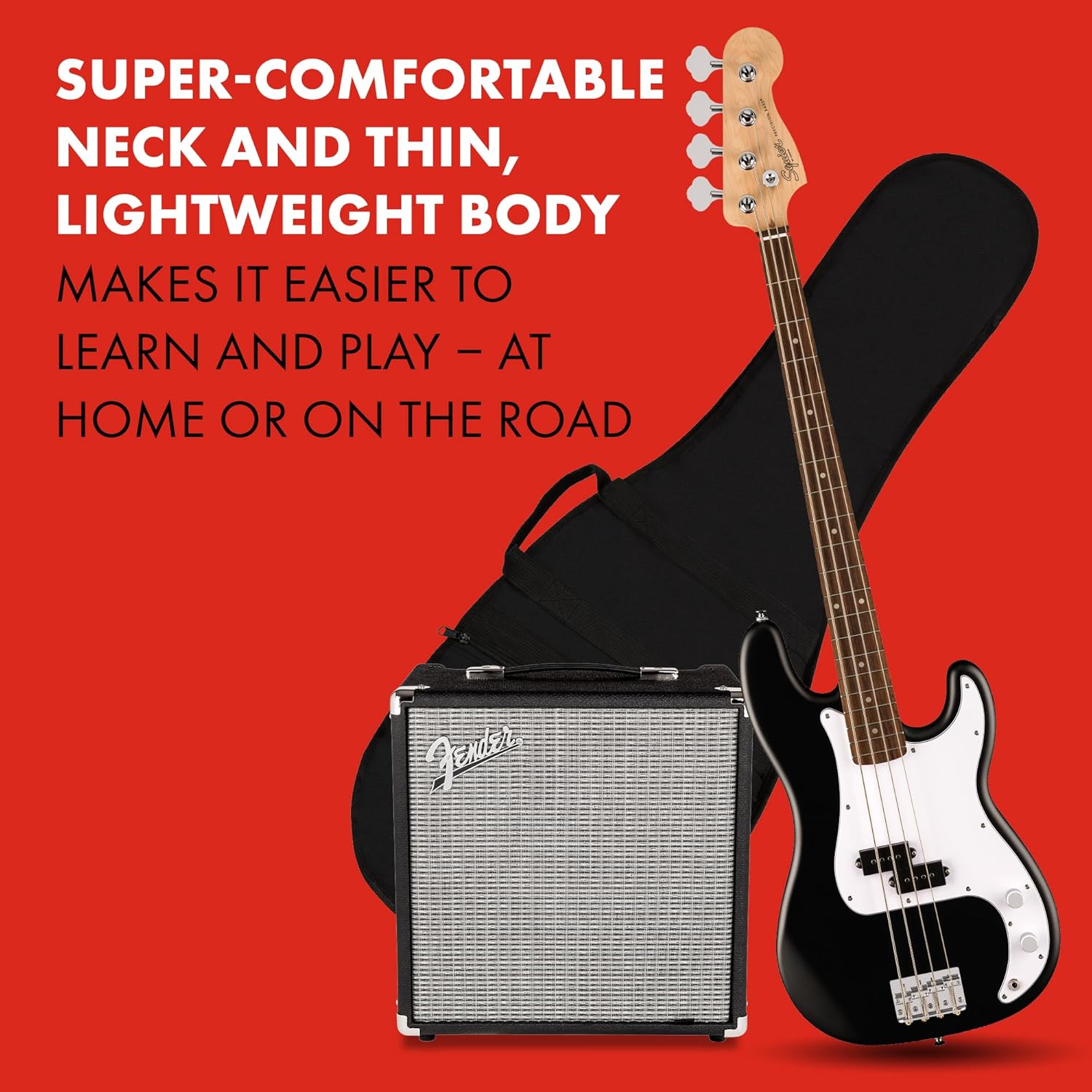 Fender Squier Debut Series Precision Bass Guitar Pack, Beginner Guitar Pack, 2-Year Warranty, Includes Rumble 15 Amplifier, Padded Gig Bag, Instrument Cable, and More, Black with Satin Urethane Finish