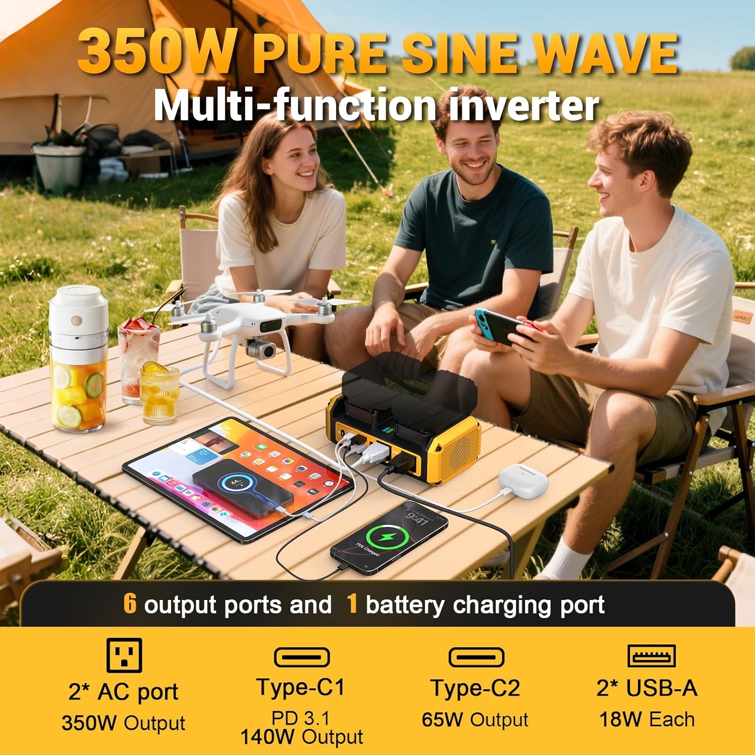 350W Pure Sine Wave Power Inverter Compatible with Dewalt 20V Battery, DC 20V to AC 120V Inverter, 7A Fast Charger & 2 AC Outlet, 2 USB Ports & 2 Type-C Ports, 600LM LED Work Light (No Battery)