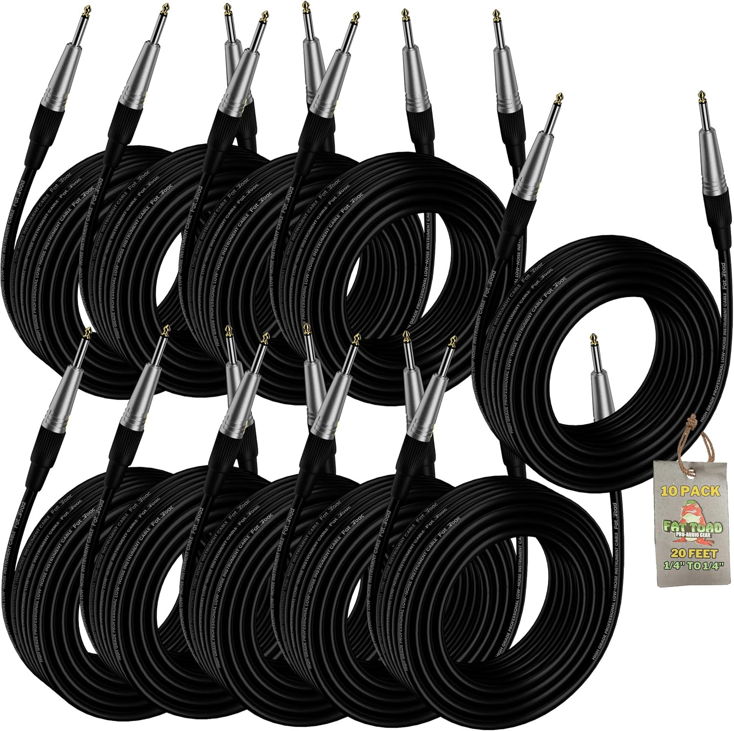 Fat Toad 20FT Guitar Instrument Cables (ShieldedPRO X Series) 10-Pack – 1/4 Inch TS Jack Patch Cords with Gold Straight Ends, 24 AWG for Amp, Bass, Studio