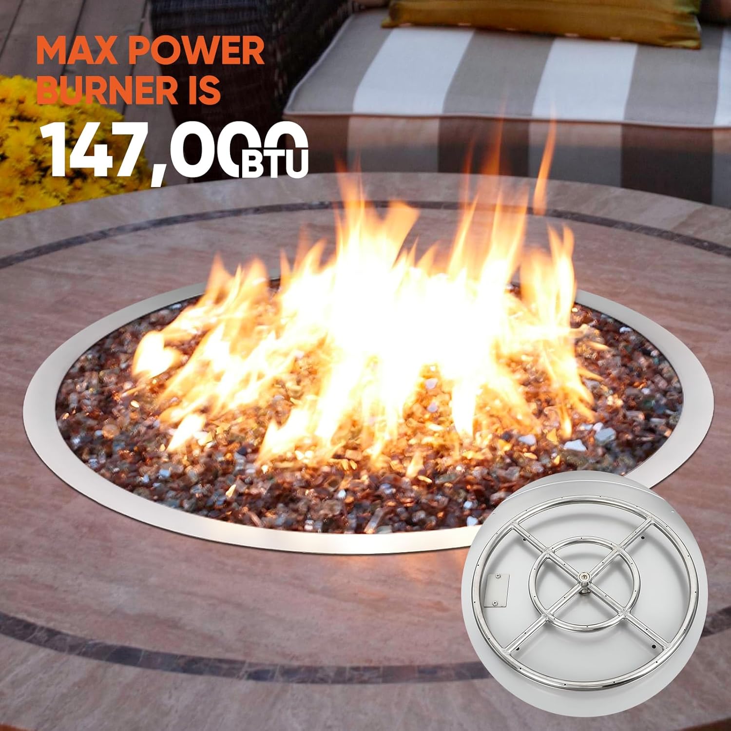 Dollate Drop-in Fire Pit Kit 25 Inch, Round Fire Pit Insert H Burner with Spark Ignition and Propane Hose Kit, Fire Pit Pan for Indoor or Outdoor Decorative Fireplace