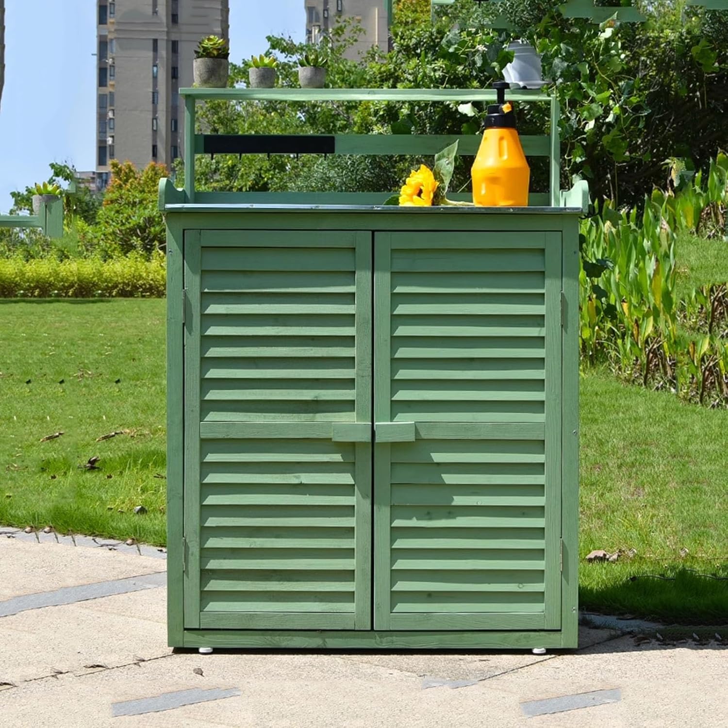 Outdoor Storage Cabinet Waterproof with Shelves Ventilated Shutter Door, Outdoor Cabinets Weatherproof Tall Adjustable Foot Pads for Delivery Patio Garden and Porch(Green)