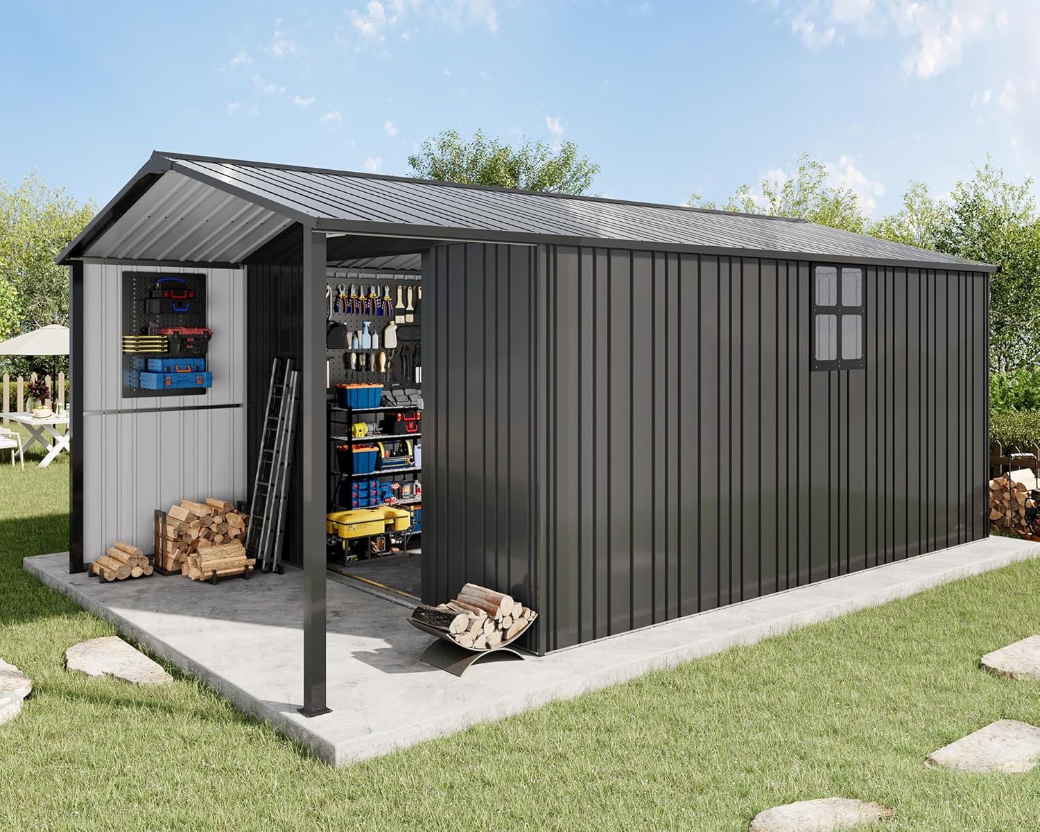 AMERLIFE 10x16.6x7.3 FT Outdoor Storage Shed with Lounge Area, Metal Garden Shed with Sliding Doors, 2 4-Pane Windows & 4 Vents, Heavy-Duty Weather-Resistant Steel for Garden & Backyard, Dark Gray