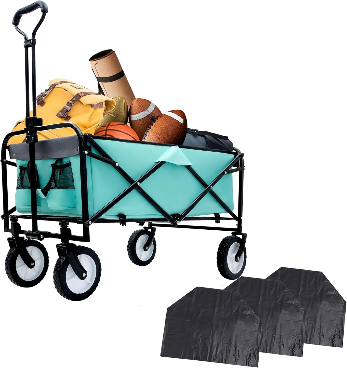 360lbs Heavy-Duty Collapsible Wagon Cart with Strapping System, Foldable Utility Wagon with 3-Pcs Plastic Liner & Cover Set, All-Terrain 360° Wheels Beach Cart for Camping, Gardening, Shopping, Blue