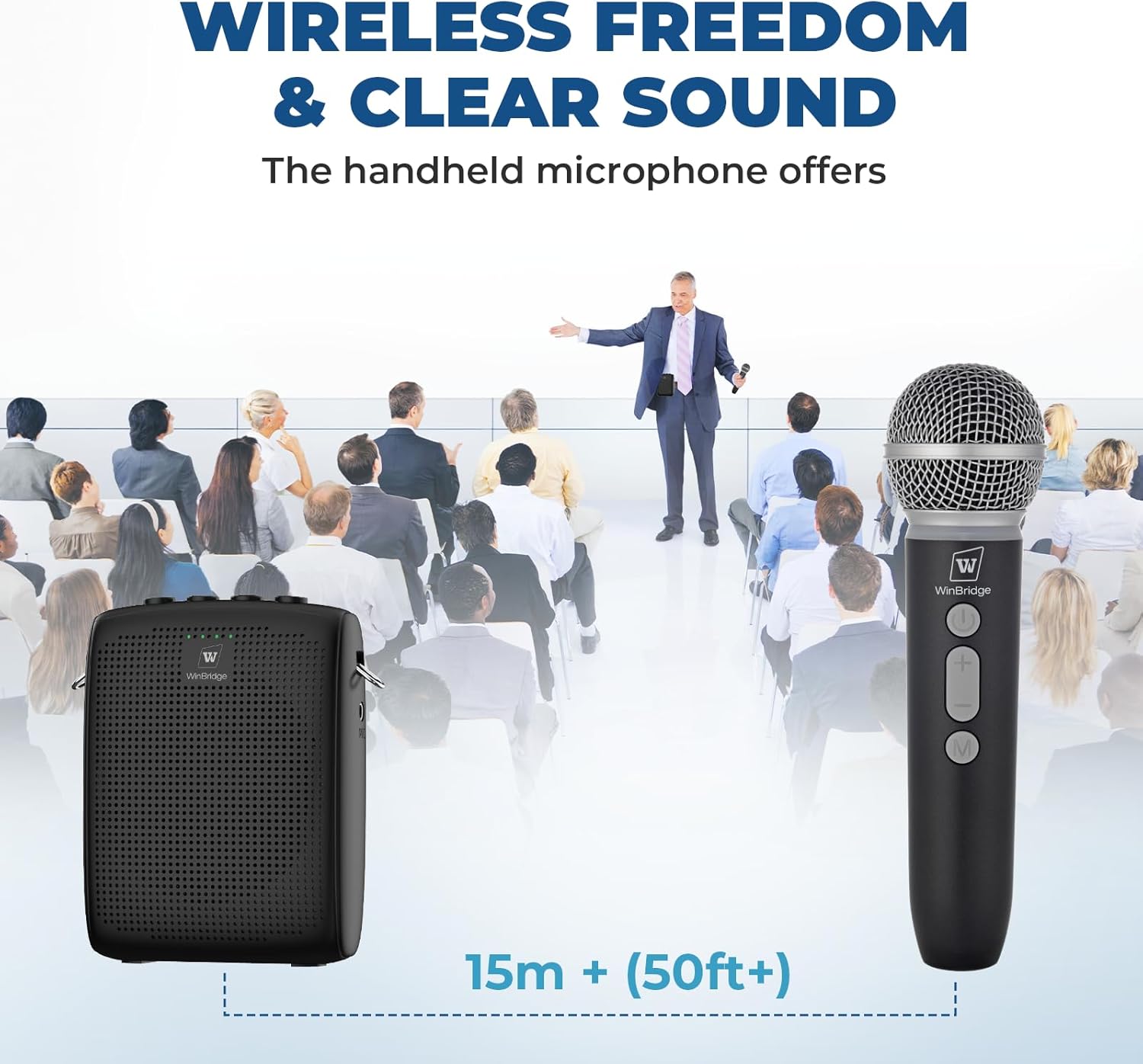 WinBridge Wireless Voice Amplifier with Microphone for Teachers, Portable PA System with Bluetooth Handheld Mic, Portable Speaker Mic Set, Cardioid Pickup for Classroom, Outdoor, Public Speaking WB009