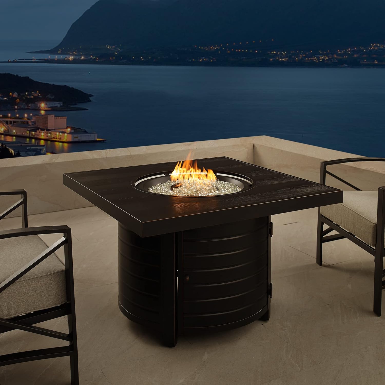 Fire Sense 63226 Yorke Aluminum Convertible Gas Fire Pit Table 55,000 BTU Outdoor Multi-Functional Fire Pit with Fire Bowl Lid, Nylon Weather Cover & Clear Fire Glass - Bronze Finish - Square
