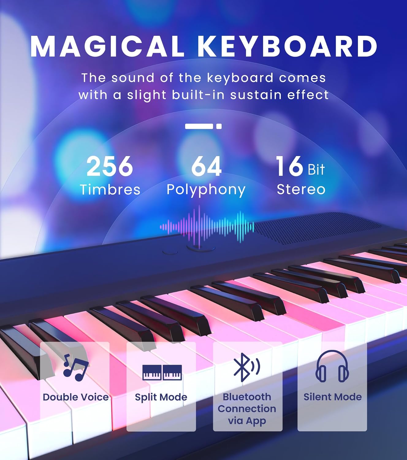 The ONE Smart Keyboard COLOR 61 Lighted Keys Piano Keyboard, Electric Piano for Beginners with 256 Tones, 64 Polyphony, Built-in LED Lights and Free Apps (Black)