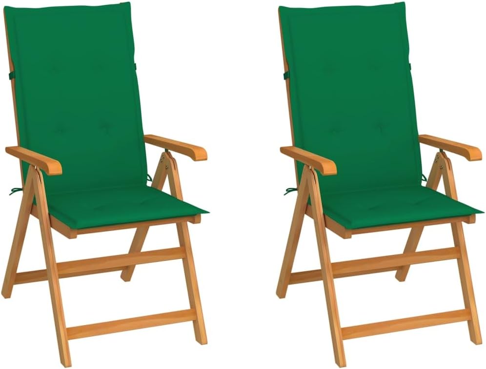 Patio Chairs 2 pcs with Green Cushions Solid Teak Wood Outdoor Furniture, Outdoor Chairs