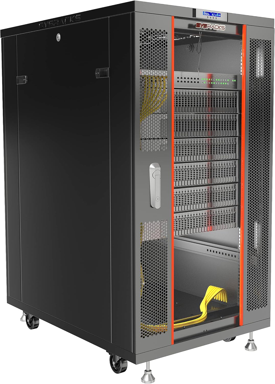 Sysracks 22U Server Cabinet 39-inch deep Server Rack Locking Network Cabinet with Thermocontroller, LCD-Screen, 4 Fans, Power Strip, Shelf, Wheels, Dust-Tight Cable Entries and Other Accessories