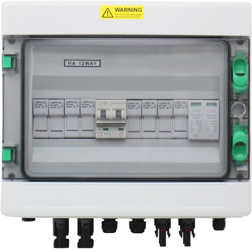 Dual Lnsurance 4 String Solar Combiner Box,PV Combiner Box for Solar,with Lightning Arreste & 15A Rated Current Fuse and 63A Circuit Breaker, IP65 Waterproof for On/Off Grid Solar Power System