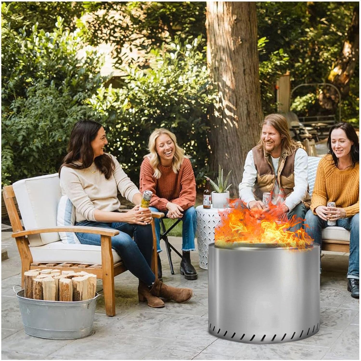 Smokeless Fire Pits 19.4 Inches Outdoor, Large Smokeless Fire Pit Cooking Durable Stainless Steel for Wood Burning, Smokeless Fire Pit with Removable Ash Pan