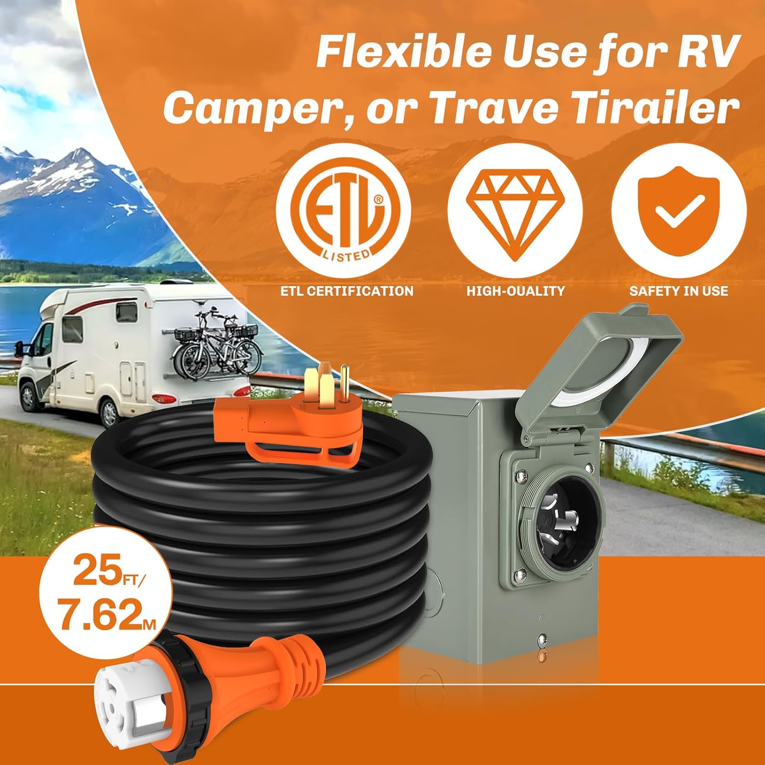 WELLUCK 25FT Power Cord Inlet Box Kit Temporary Connector Cable 50Amp Generator Plug, NEMA 14-50P to SS2-50R Extension Cord 25 Feet with NEMA SS2-50P Generator Inlet, ETL Listed, Weatherproof