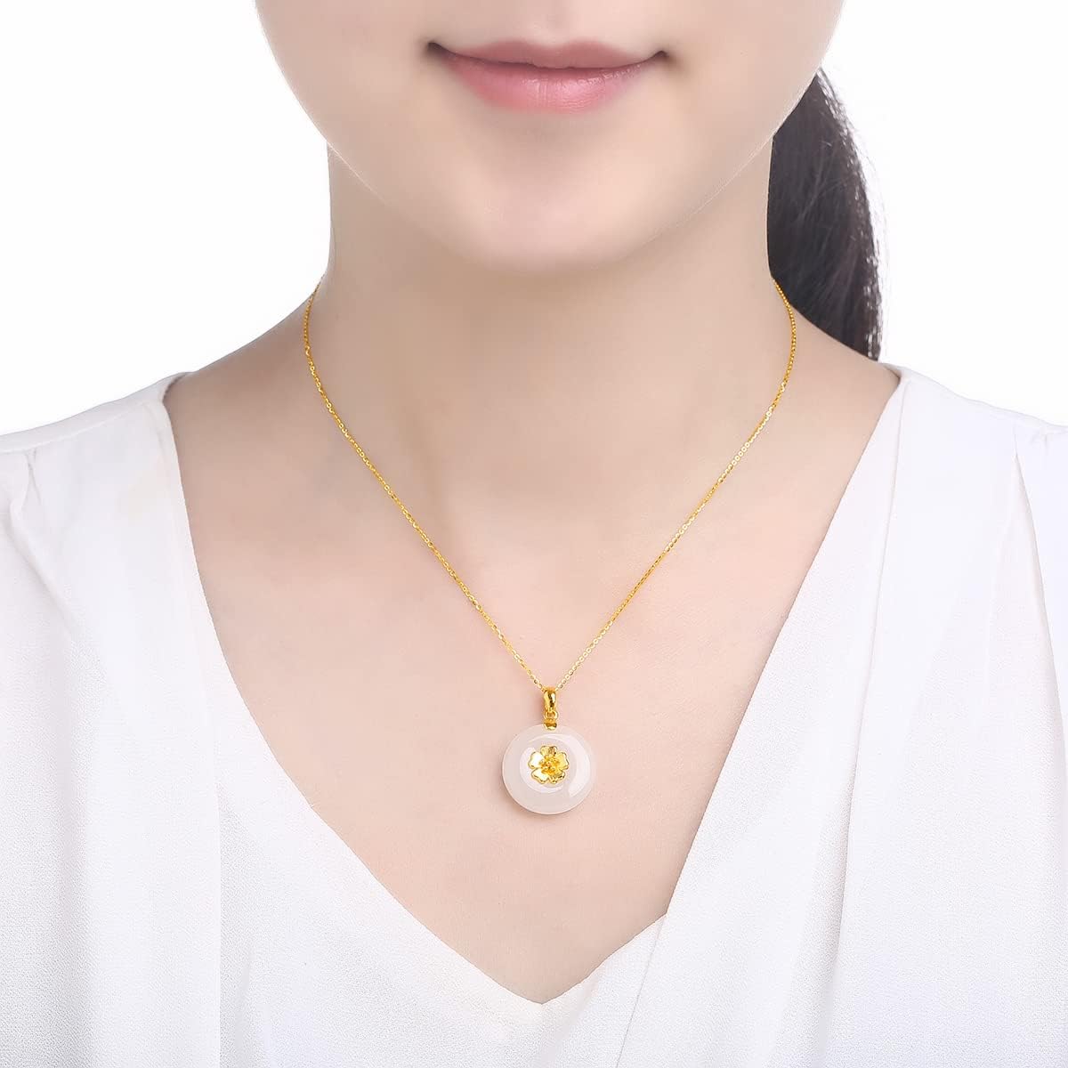 24K Solid Gold Pendant for Women, Real Pure Gold White Nephrite Jade Jewelry Accessory Round Pendant for Men Girlfriend (Not Include Necklace)