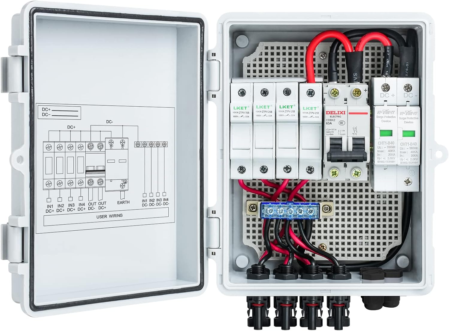Solar Combiner Box, Briidea 4-String PV Combiner Box with 10A Circuit Breakers & Lightning Arrester, IP65 Waterproof, for On-Grid & Off-Grid Solar Panel Systems