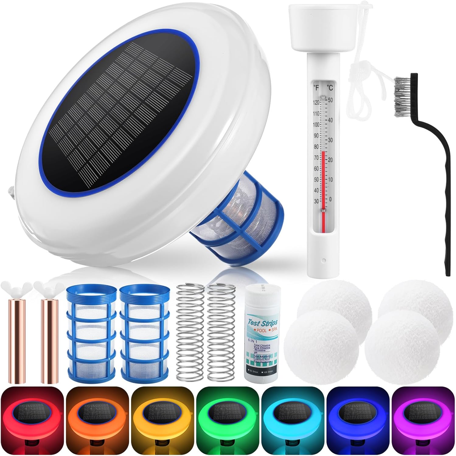 Qualirey Solar Powered Pool Ionizer with Colorful LED Lights, Floating Water Cleaner Purifier Include Large Floating Pool Thermometer, 4 Pcs Scum Eliminating Ball, Copper Anode Replacement Kit