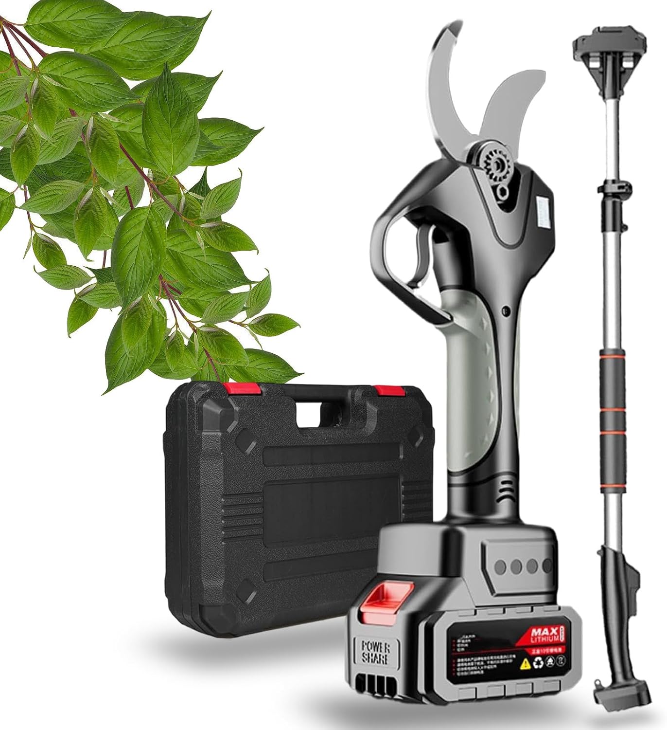 50mm Electric Pruning Shears, Portable Electric Secure Scissors Cordless Pruning Shears with Telescopic Poles from 1.3 to 2.1m, for Hedge, Bush, Orchard,‎1Battery