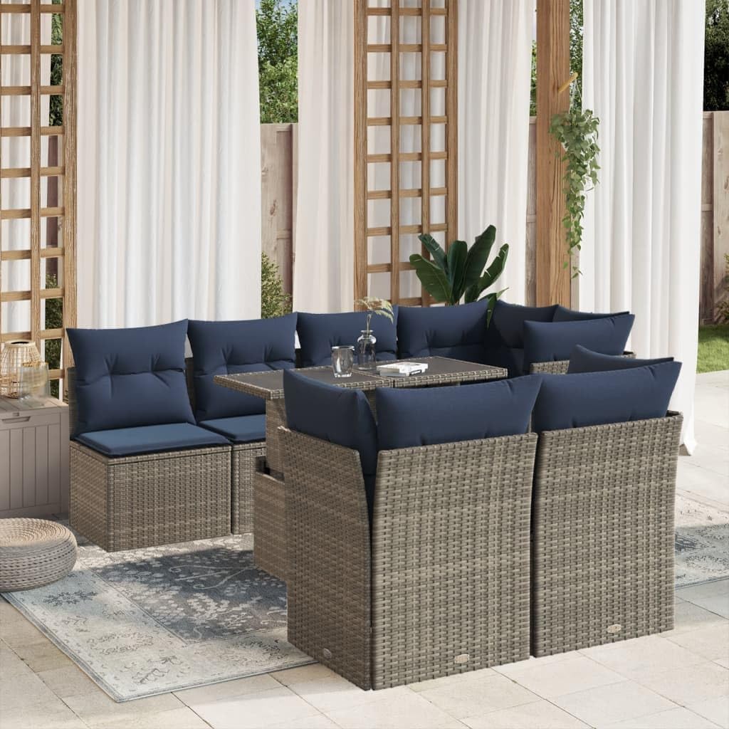 8 Piece Garden Sofa Set with Cushions, Grey Poly Rattan, Adjustable Table, UV-Resistant Outdoor Patio Furniture