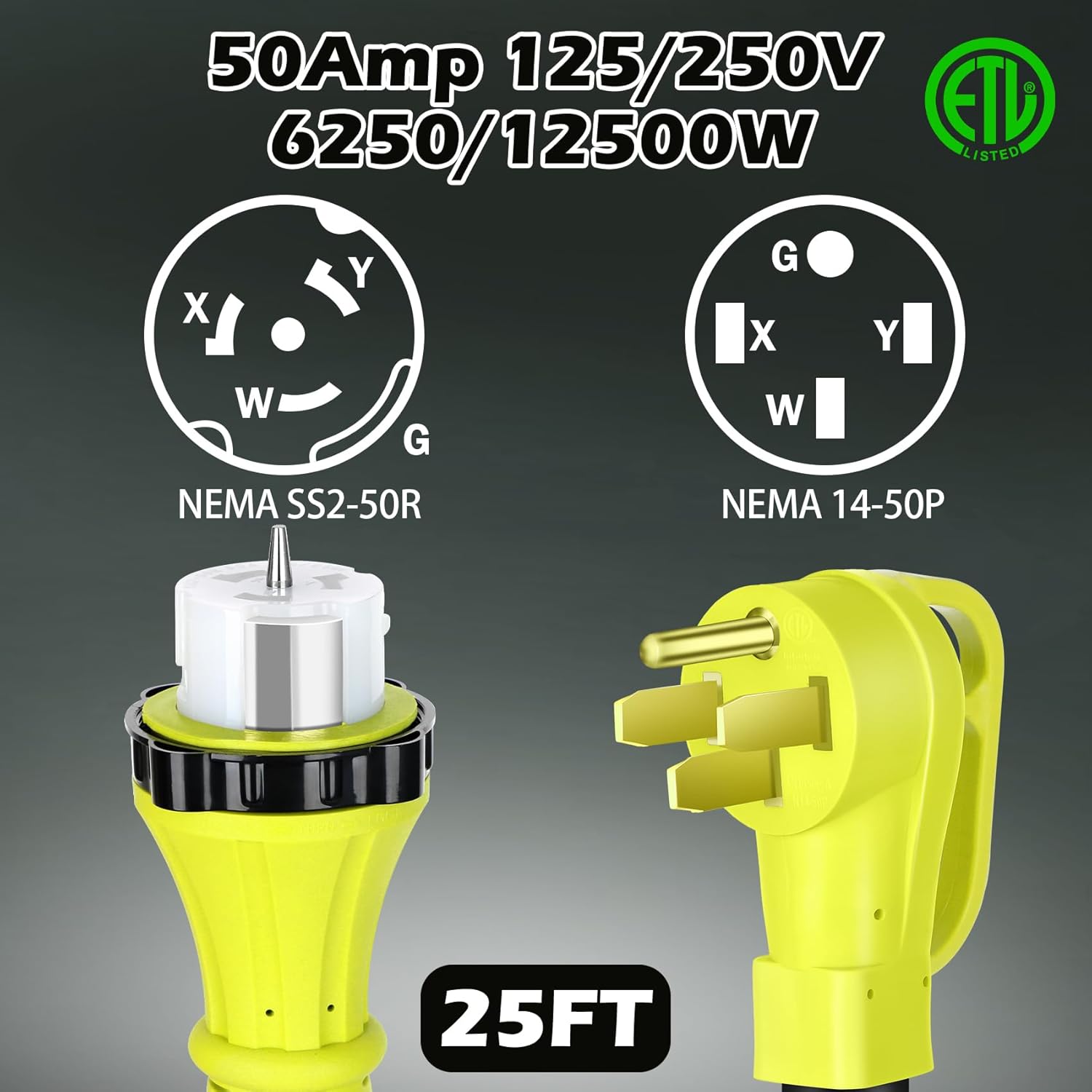 25FT 50 Amp Generator Power Cord,25FT 50 Amp RV Extension Cord, 50 Amp125V/250V 12500W Twist Lock 4 Prong NEMA 14-50P/SS2-50R,6/3+8/1 AWG STW Wire for RV,Camper, House
