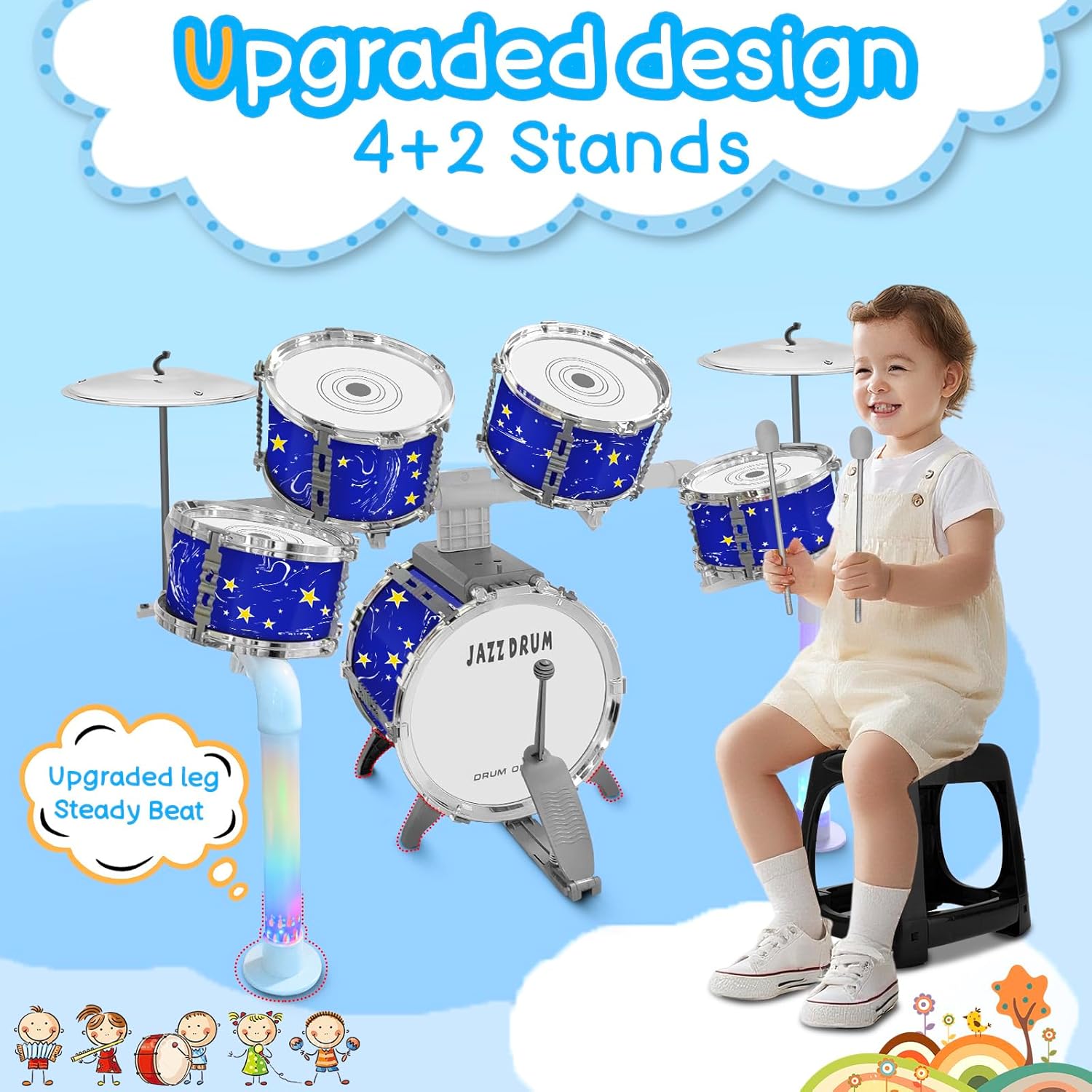 Upgraded Kids Drum Set Jazz Drums Kit with 5 Drums - Toddler Music Toys Learning Instruments Xmas Birthday Gifts for Toddlers 3 4 5 6 7 Boys Girls, Blue