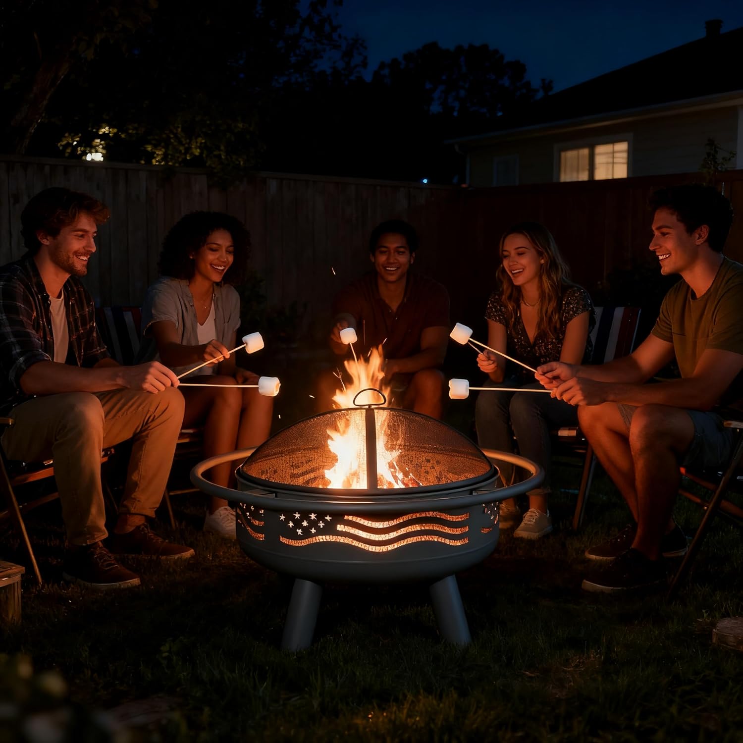 Breezz 32 Inch American Flag Fire Pit with Mesh Cover & Poker, Round Metal Wood Burning Outdoor Firepit for Patio, Garden, Backyard, Bonfire, Ideal for 4th of July, Memorial Day, Christmas