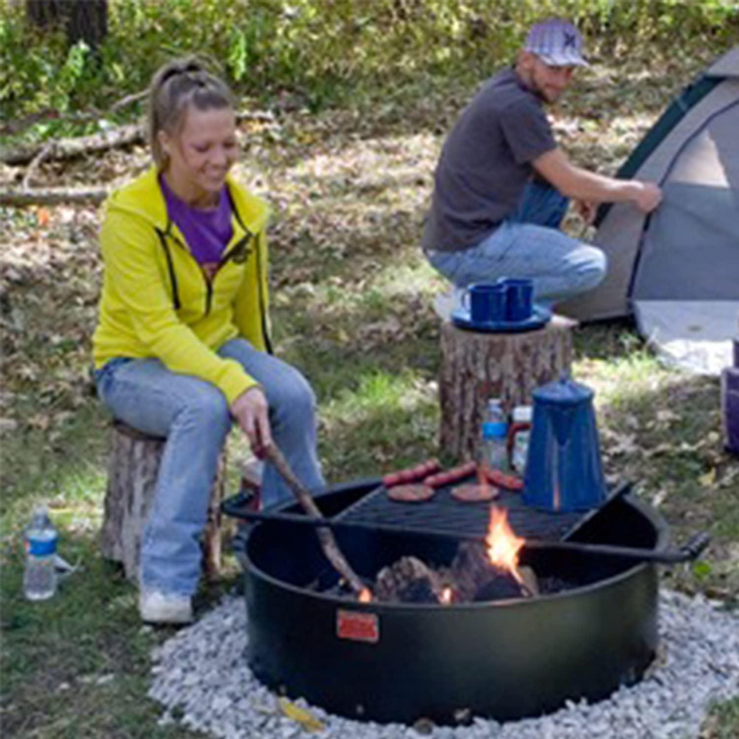 Pilot Rock 2 Pack 24 Inch Steel Ground Fire Pit Rings and Metal Cooking Grates, Black