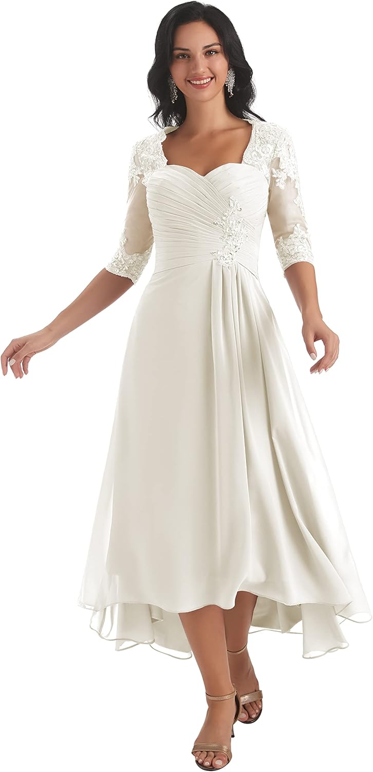 Sukleet Women's Lace Applique Mother of The Bride Dresses Tea Length Short Sleeves Chiffon Pleated Formal Wedding Guest Dress