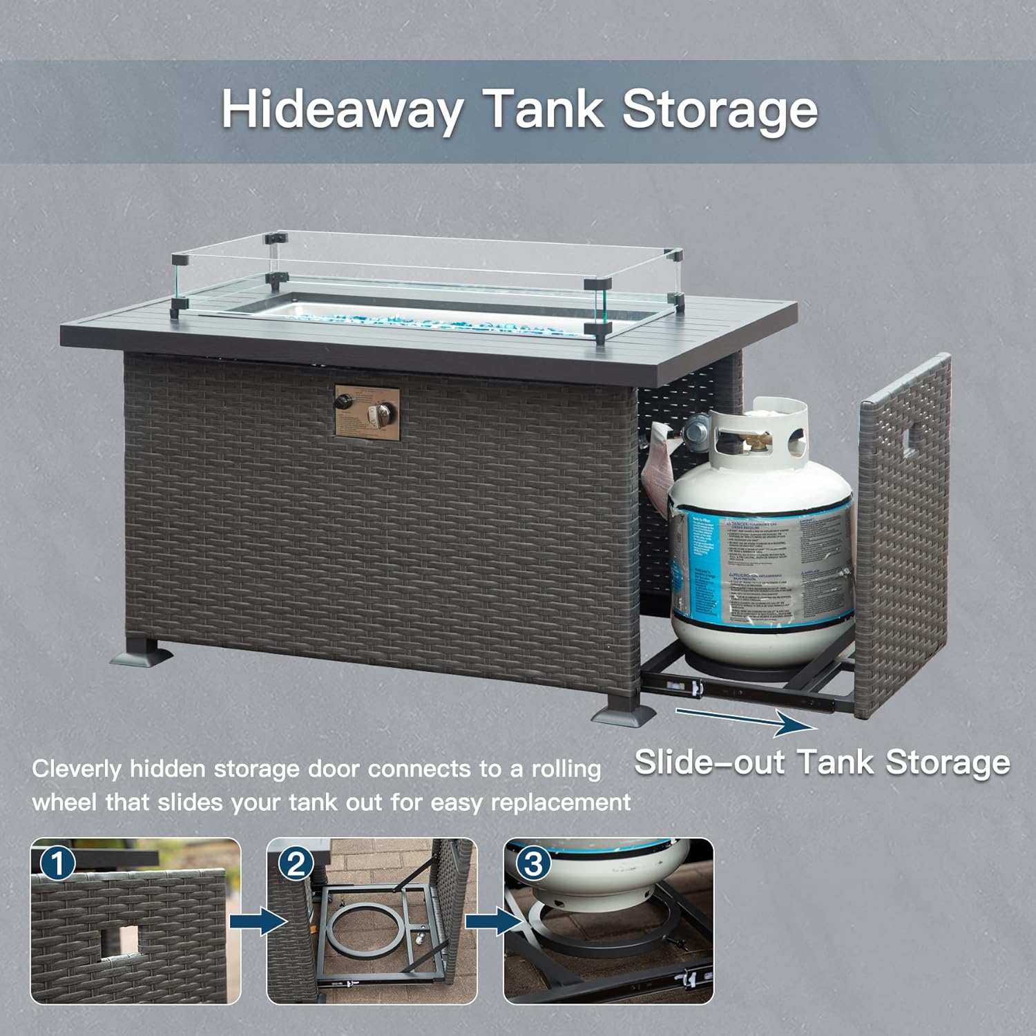 Domi 43.3 Inch Fire Pit Table with Glass Wind Guard, 50,000 BTU Smokeless Fire Pits for Outside with Aluminum Tabletop, Outdoor Wicker Gas Fire Pits for Patio