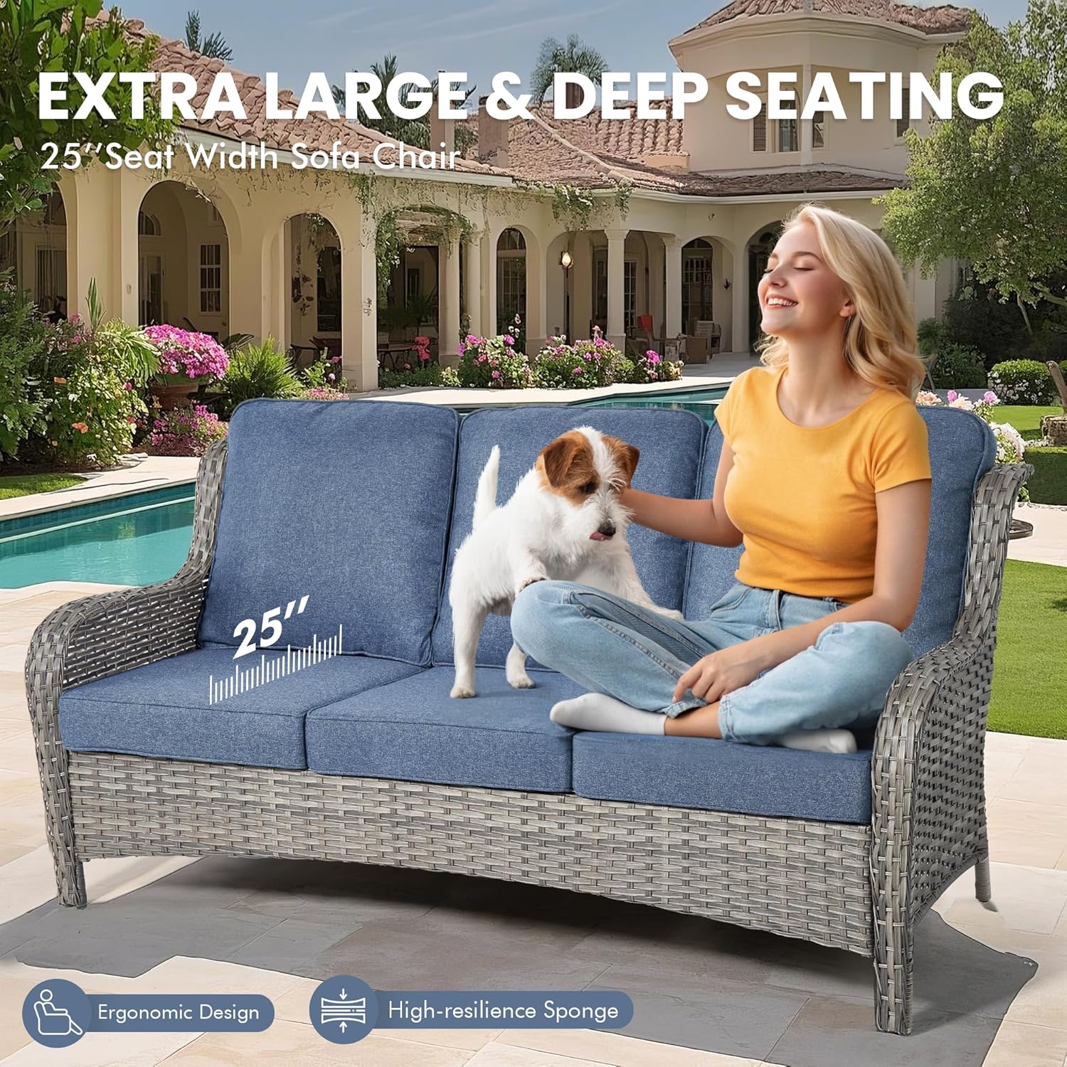 10 PCS Patio Outdoor Furniture Set with Fire Pit Table and Swivel Rocking Chairs,Patio Seating Sofa and Chairs Set,All Weather Wicker Rattan Outdoor Conversation Sets,Grey Rattan,Denim Blue